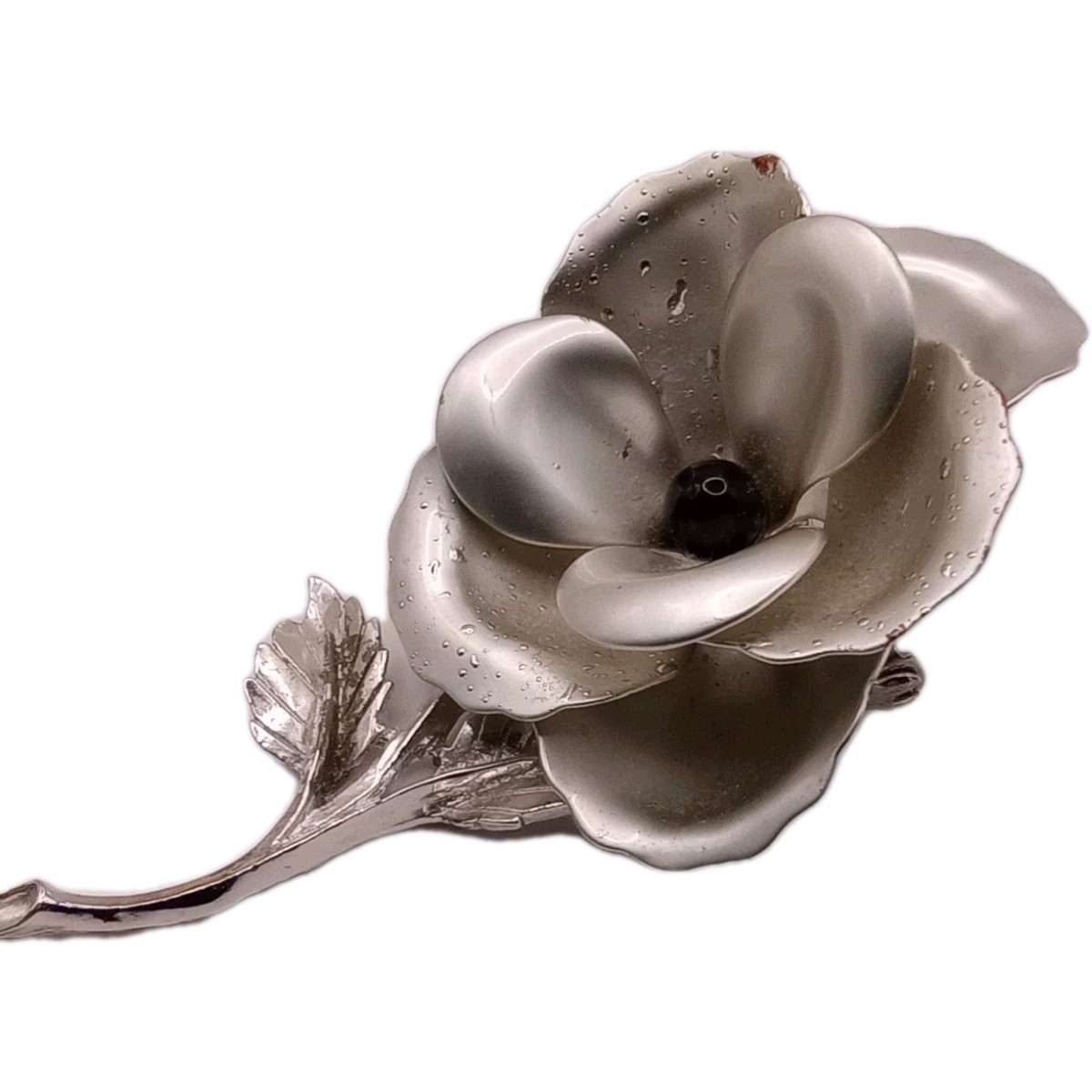 Vintage Lisner Silver Tone Flower Brooch Textured Black Bead Pin 3 1/2 by 2 1/2