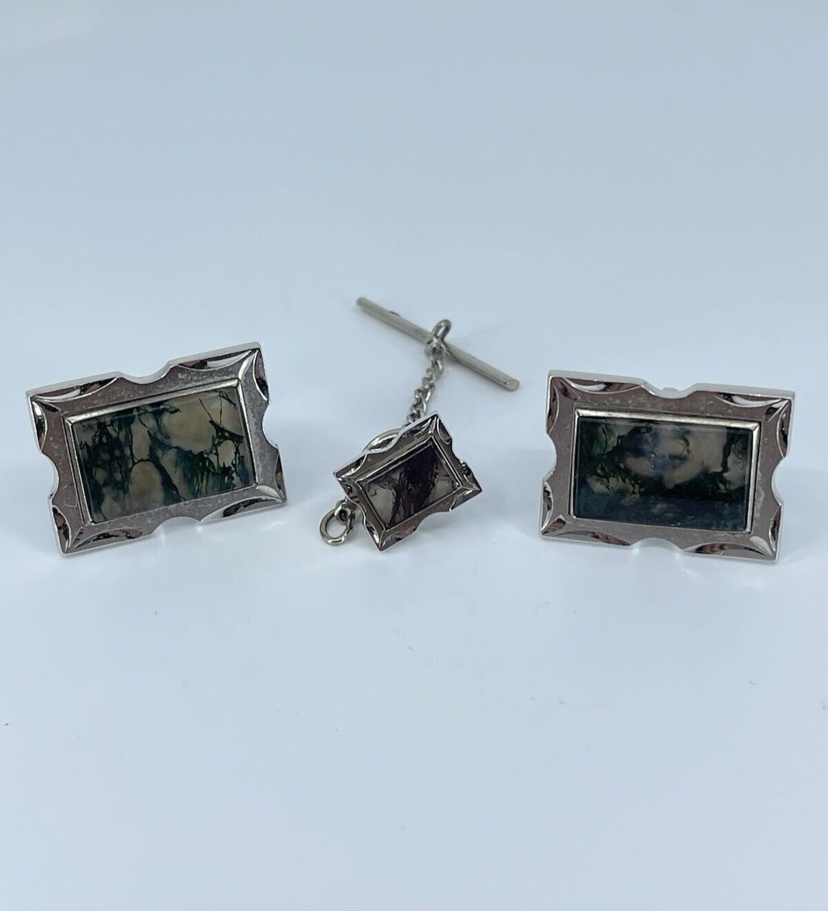 Swank Cufflink and Tie Tack set Jadeite rectangle silver tone 3/4″