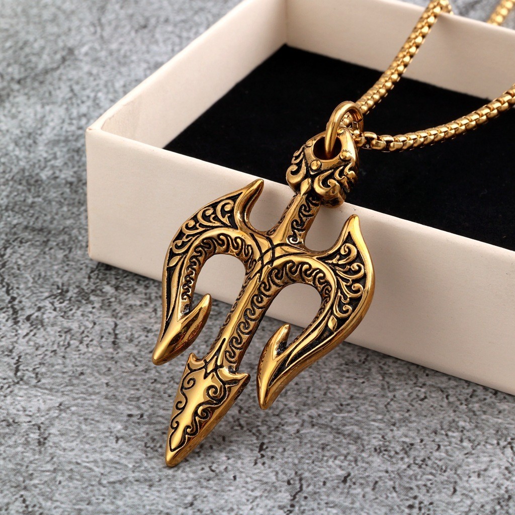 Stainless steel men’s trident pendant necklace