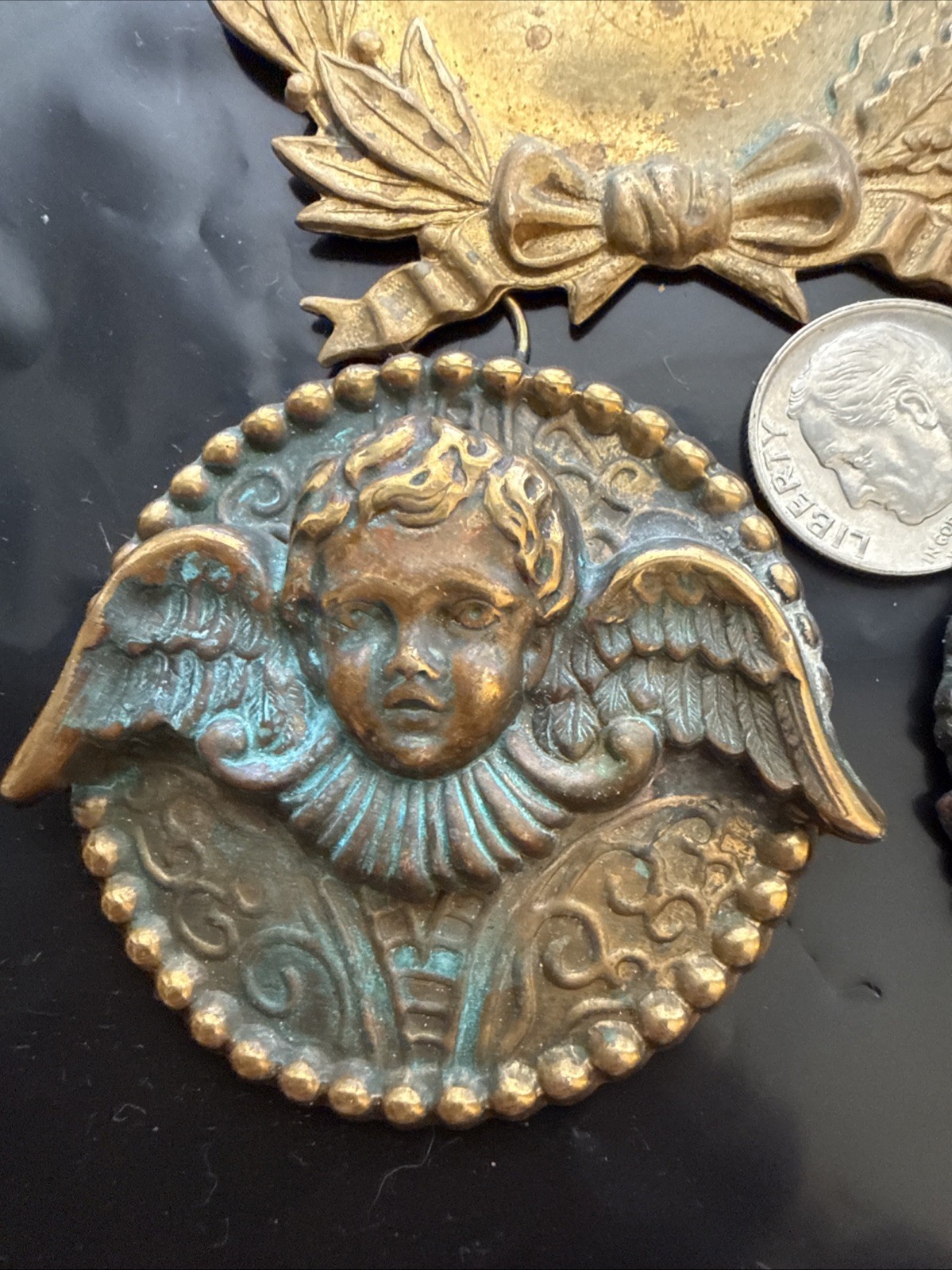 7 Vintage Brass Pendants Cross Angels Bird Rabbit Wreath Art Noueva Victorian