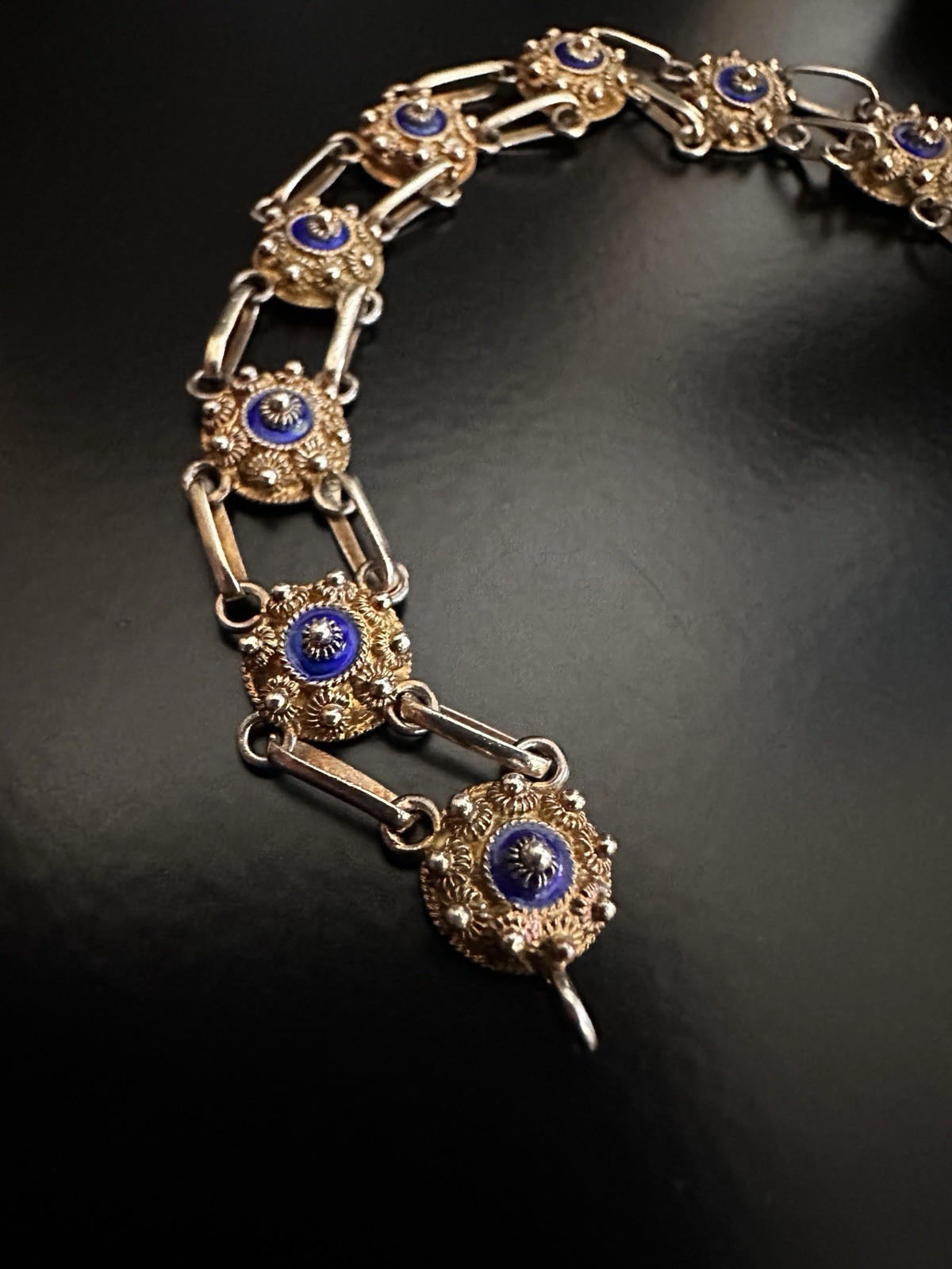 Vintage Chinese Export 925 Sterling Vermeil Cobalt Enamel Cannetille Bracelet