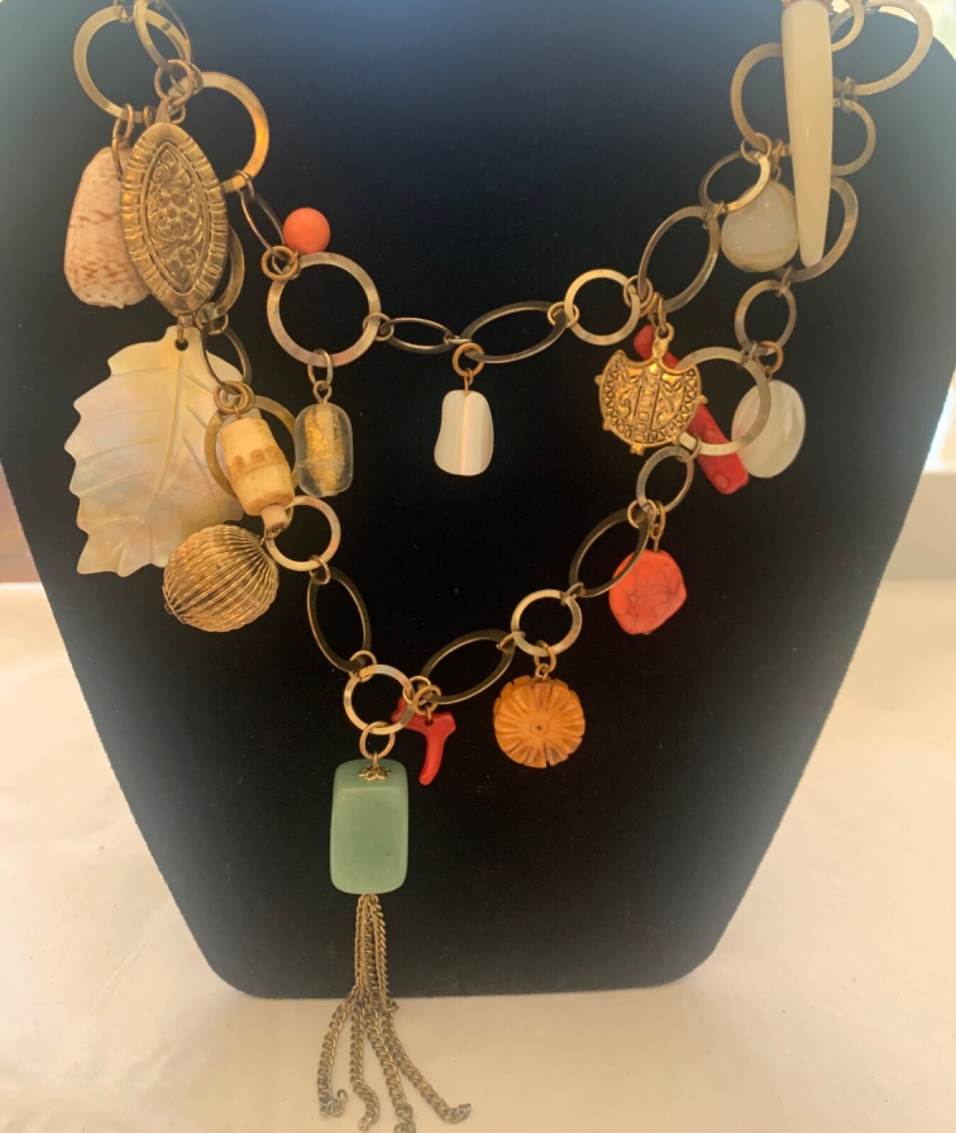 Vintage Metal Link Necklace with Glass and metal Charms stone, faux coin & shell