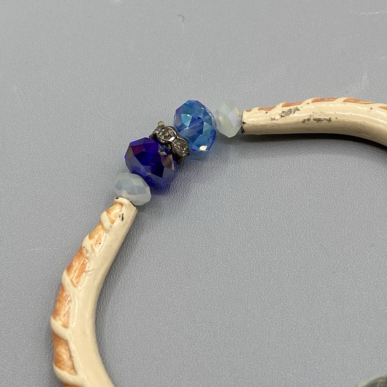 Glass Beaded Bracelet Blue Faceted Fire Polished Cream Tube White Givre Fused 6″