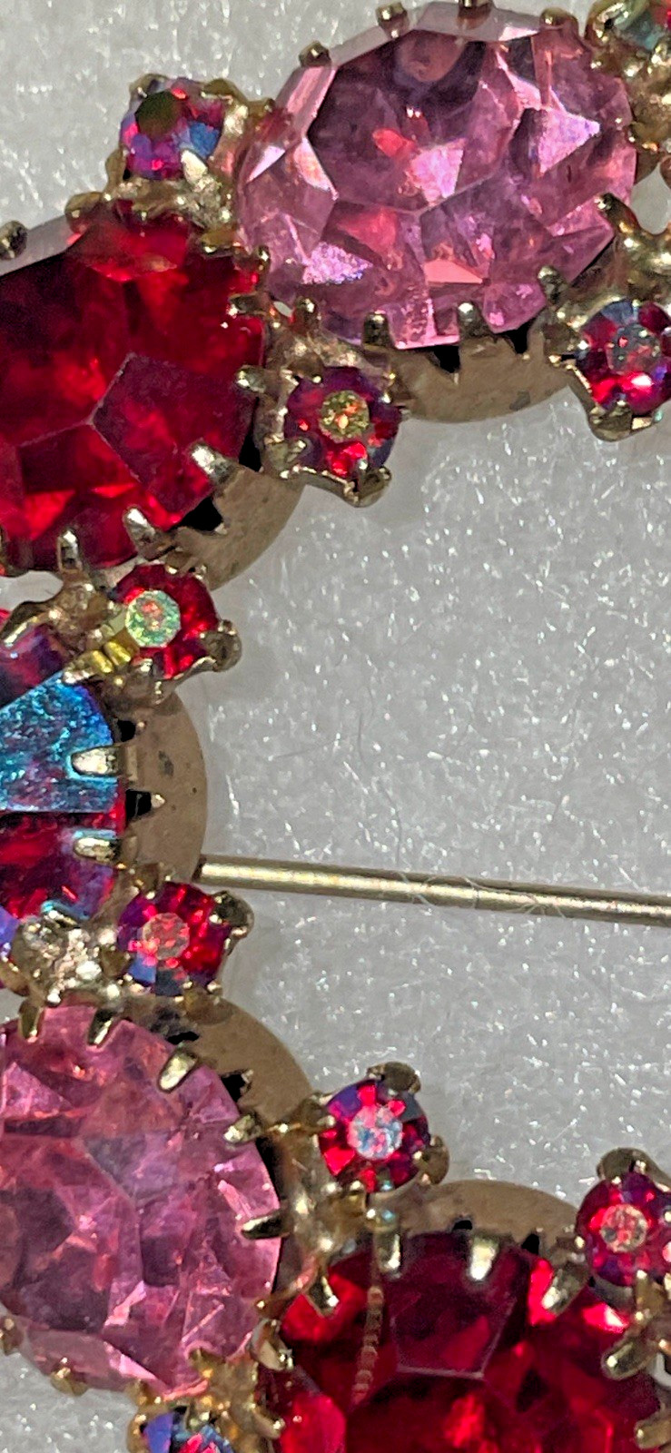 Vintage WEISS Brooch Pink Fuchsia Ruby Red Aurora Borealis Rhinestone Signed