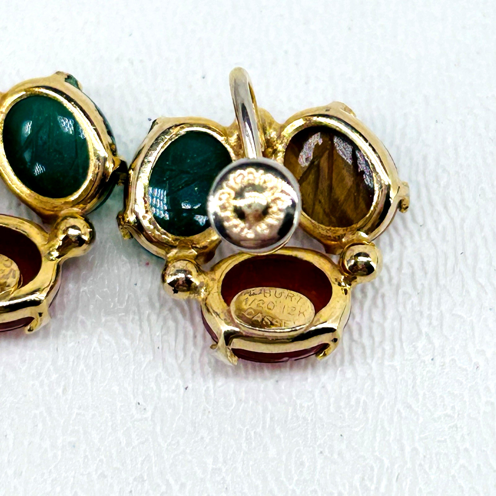 12K Gold Filled VTG Burt Casell Screw Back Earrings Jade Carnelian Tiger’s Eye