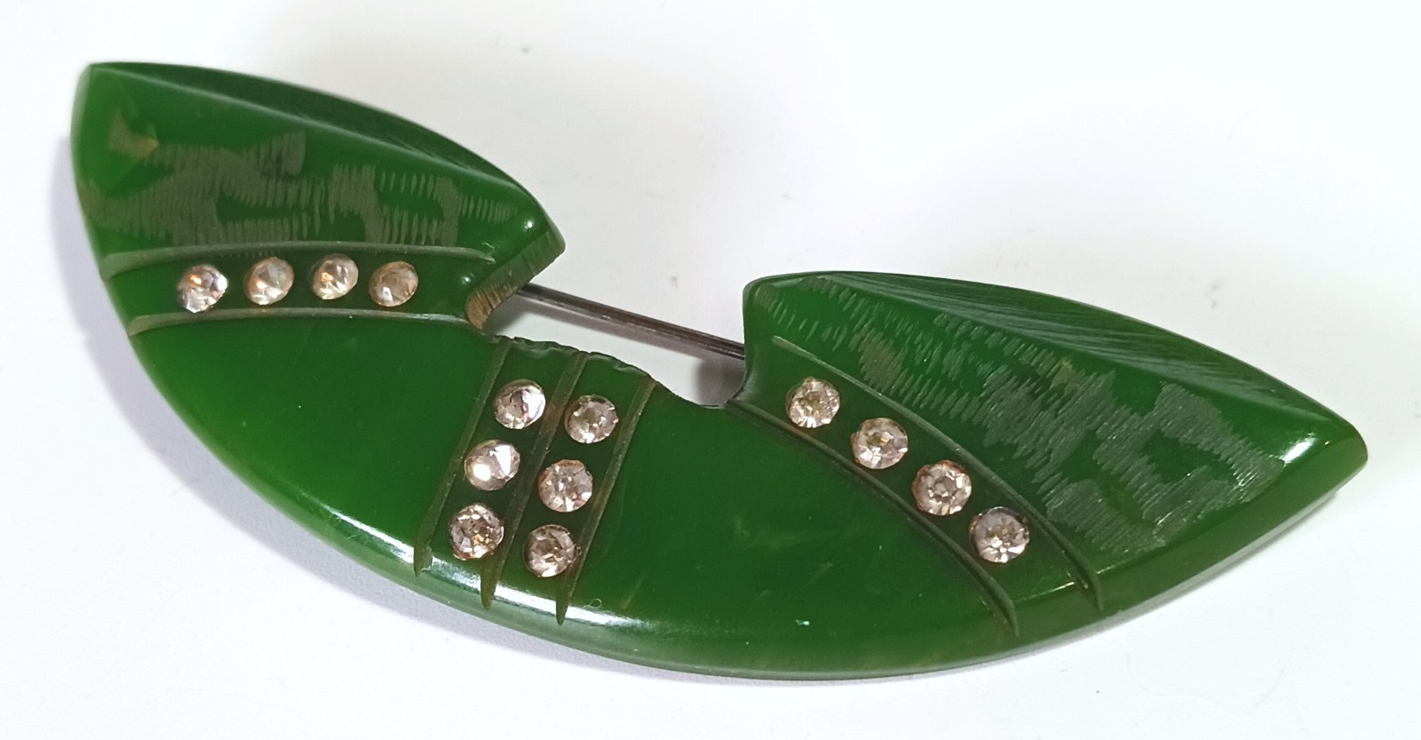 Vintage Art Deco Dark Green Bakelite Brooch w/ White Rhinestone Lines