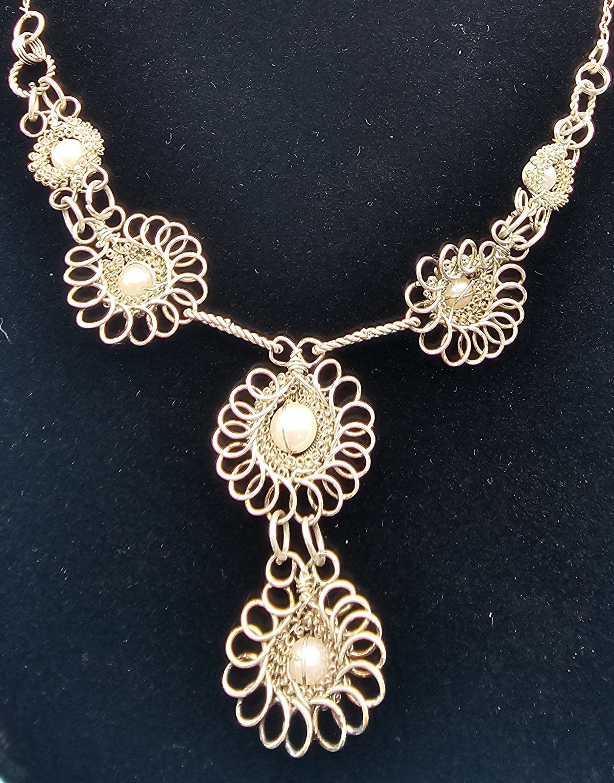 Vintage Cannetille Spun Wire Necklace Lot 2 Faux Pearl Rhinestone Original Clasp