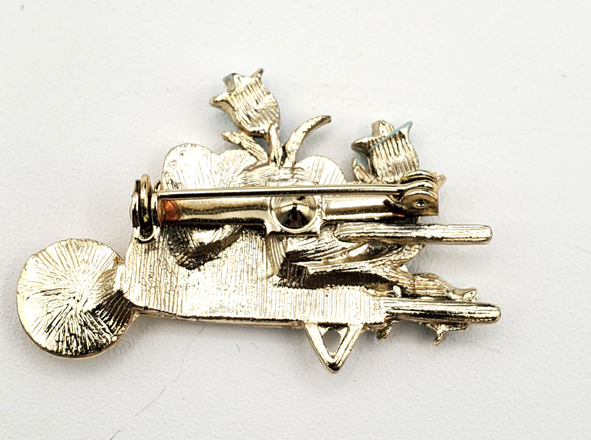 Vintage Gold Tone Blue Enamel Flowers and Hearts in Wagon Brooch Pin