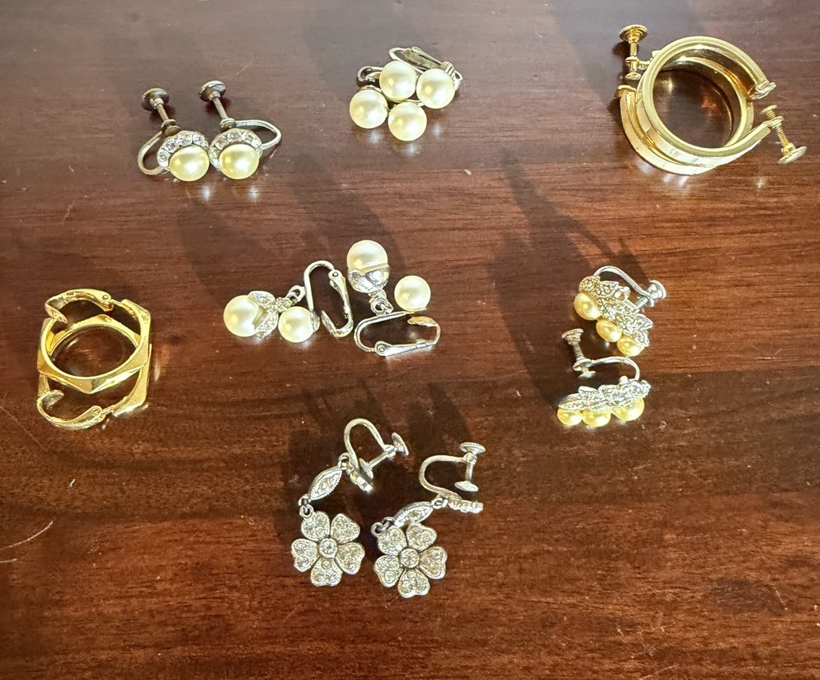 Lot of 7 Vintage 60’s Era Earrings Clip On Screw Back MCM Trifari Gold Silver