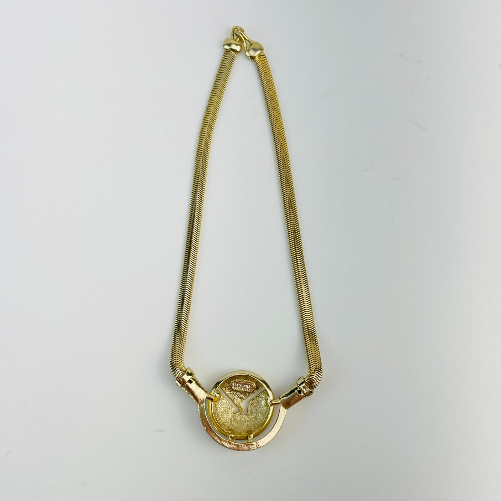 Vintage Orena Paris Choker Necklace Gold Tone Green Enamel Modernist Collar