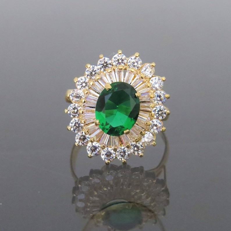 Vintage Emerald Green 2 Ct Oval Halo Cocktail Ring 935 Silver Statement Jewelry