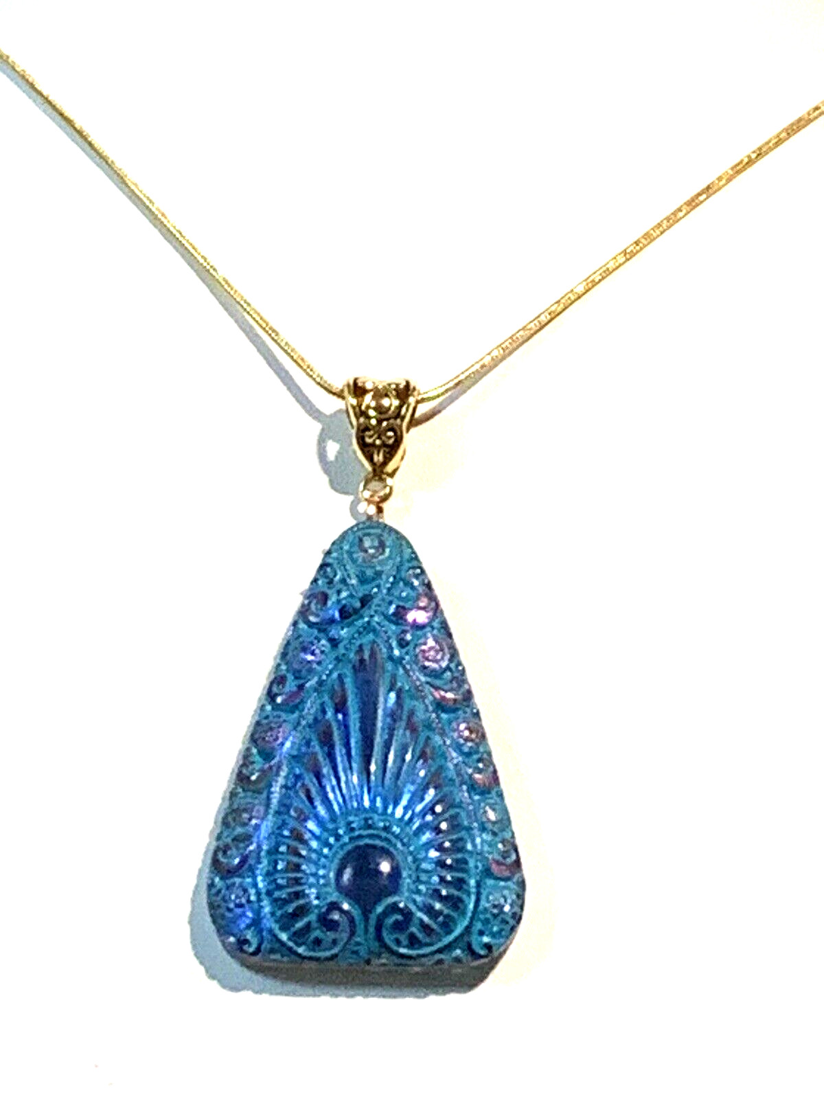 LAST ONES* VTG.EGYPT REVIVAL IRIDESCENT BLUE/VIOLET CZECH GLASS NECKLACE.g.verdi