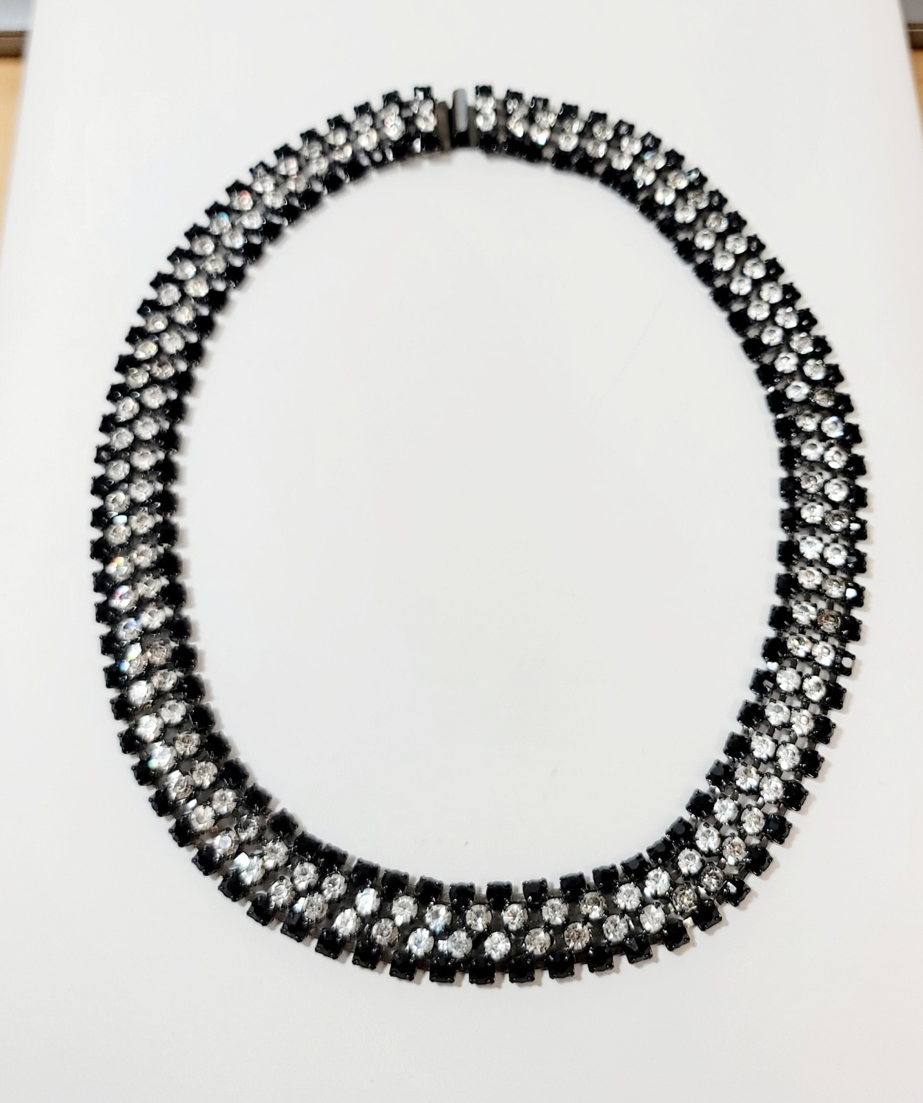 Vintage Black Clear Rhinestone Japanned Metal Collar Necklace 18″