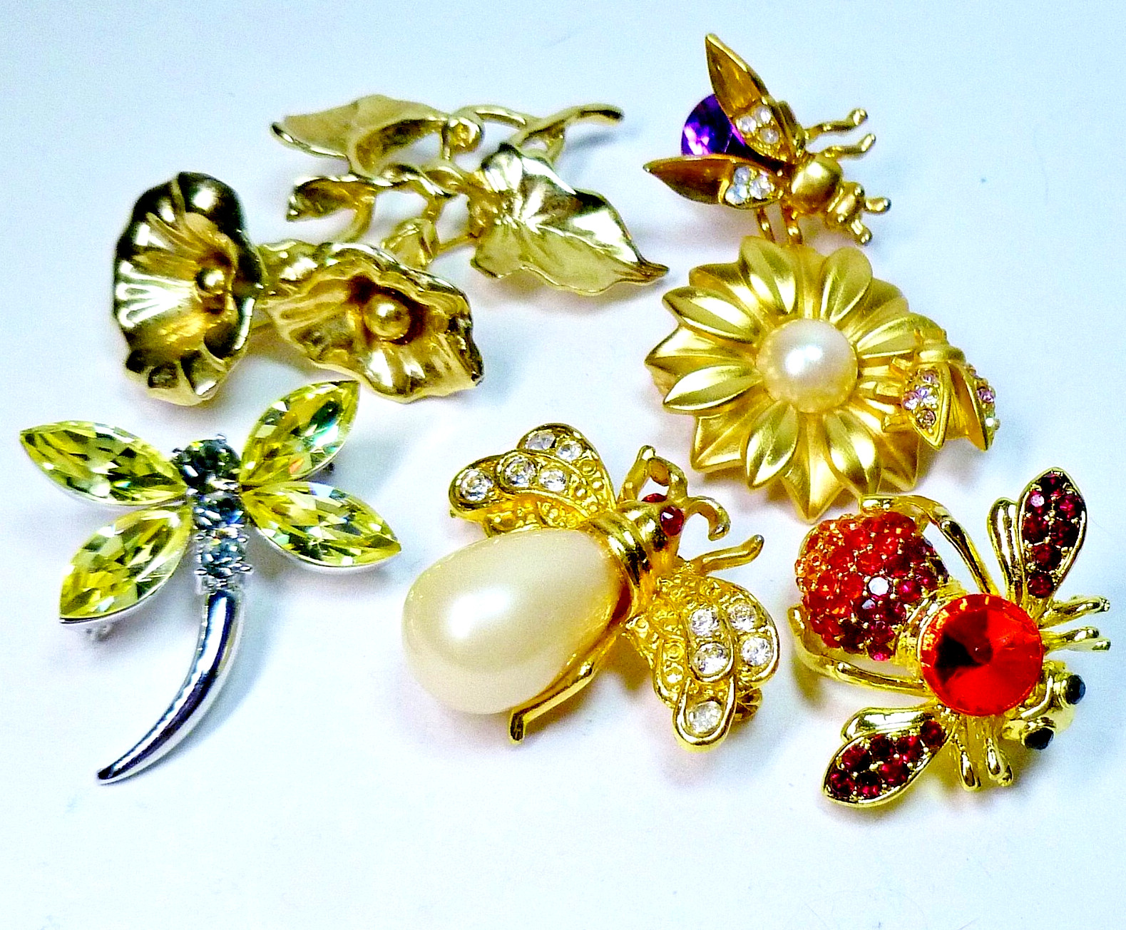 Lot of 6 Rhinestone Insect Bugs & Flowers Brooch Pins