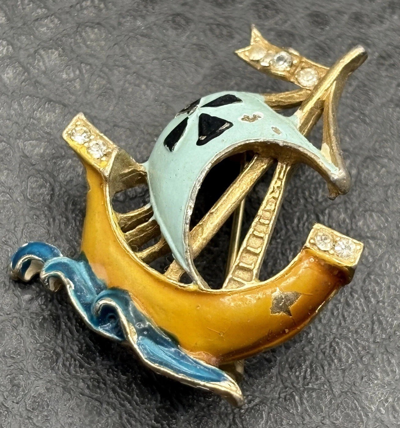 Vintage Silver Tone Enamel Viking Ship Sailboat Rhinestone Brooch Pin