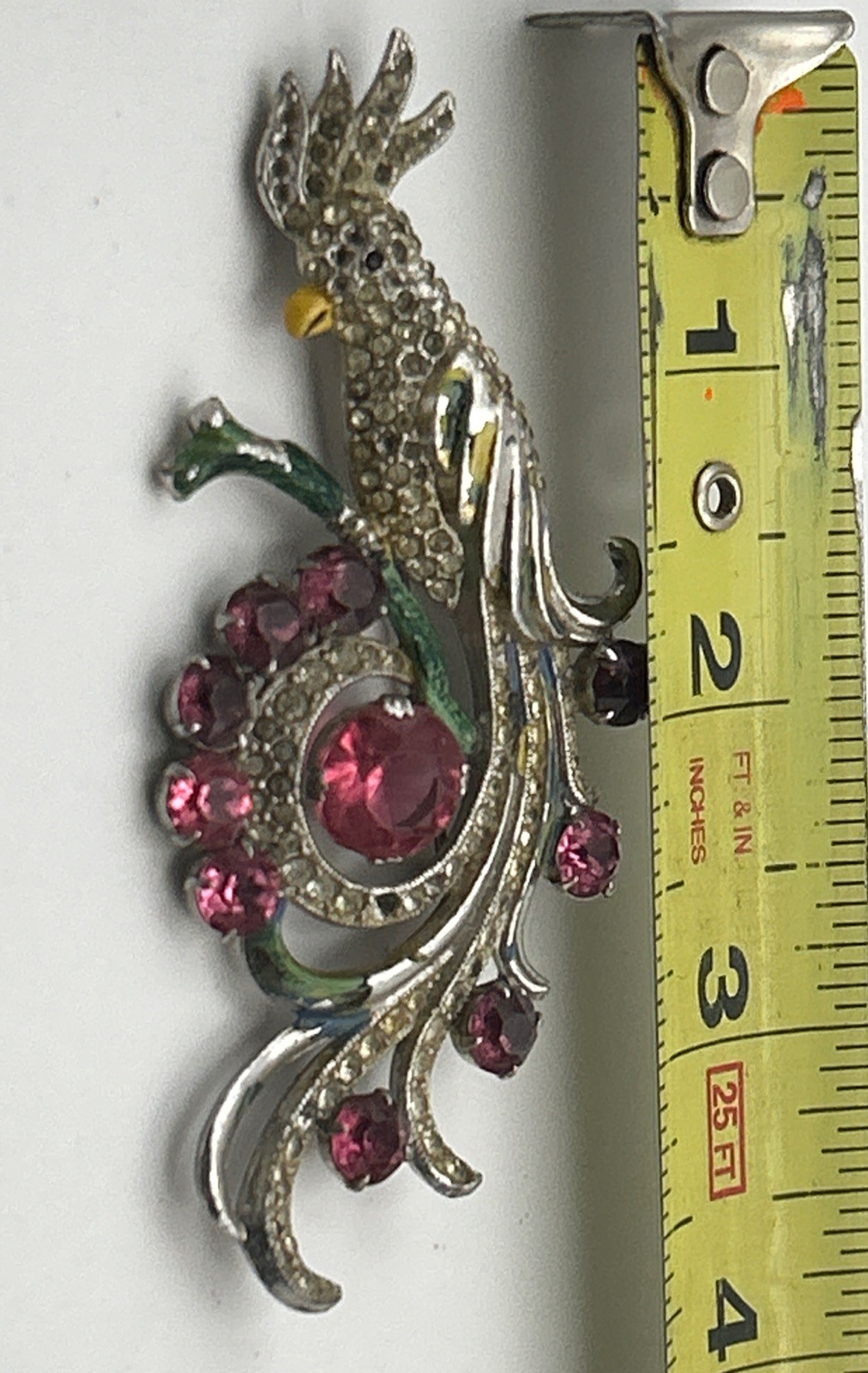 Vntg 3.5” Cockatoo Bird Brooch Pink Rhinestones Enamel Pin Unsigned Coro Read