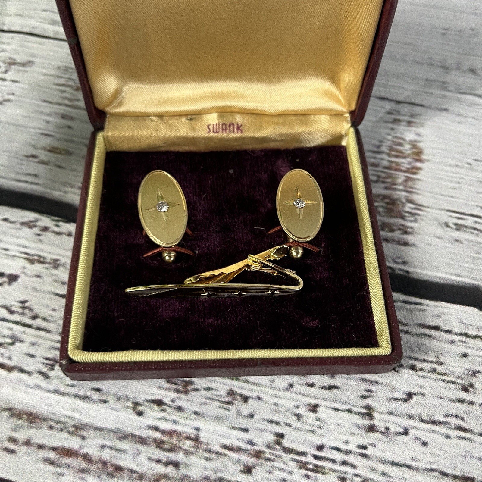 Swank Vintage Brushed Gold Faux Diamonds Mens Cufflinks & Tie Clip w/ Box