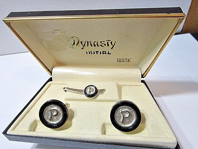 ORIENTAL MING DYNASTY MATCHING TIE TACK INITIAL P CUFFLINKS VINTAGE SWANK MEN’S