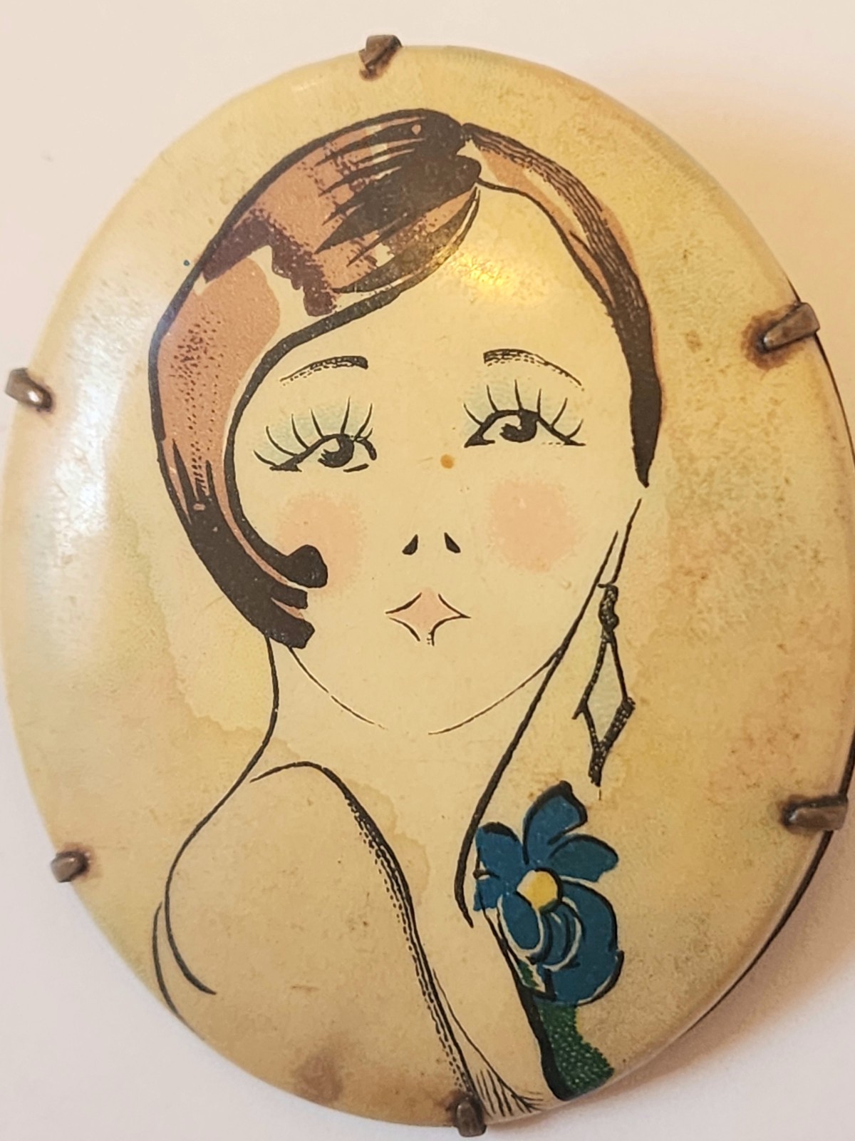 Vintage Art Deco Celluloid Brown Haired Flapper 1920s Portrait Brooch C Clasp