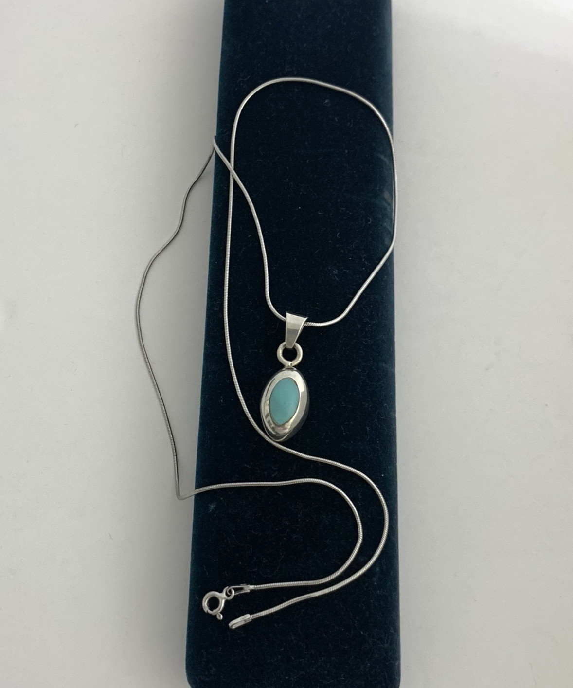 Vintage Mexico 925 Sterling Silver Necklace Blue Turquoise Inlay Pendant