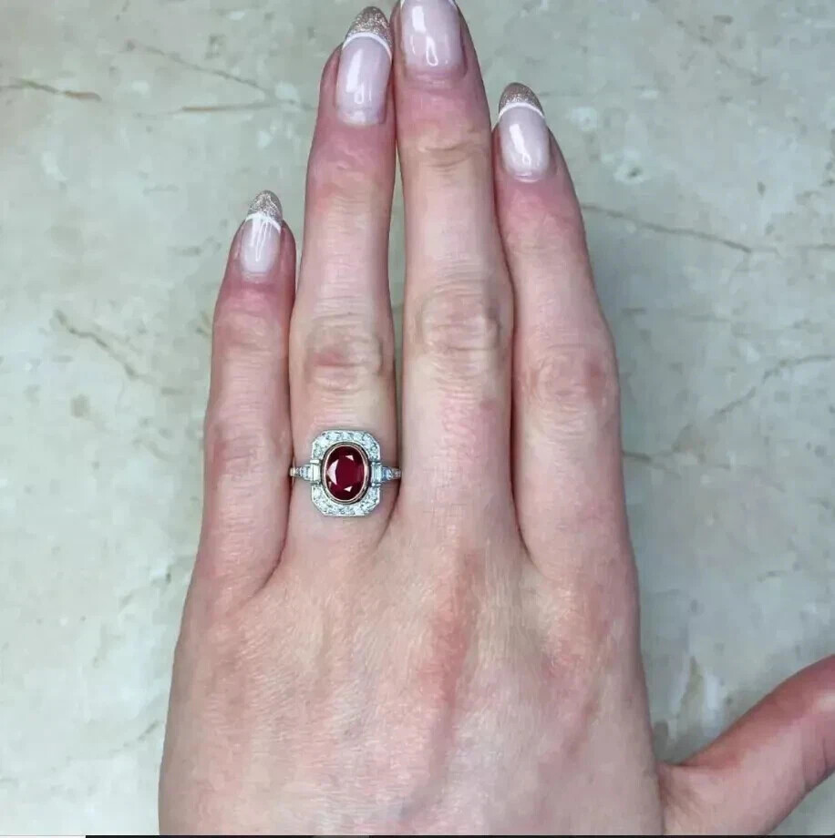 2.50 Ct Art Deco Style Oval Cut Ruby And Lab-Created Diamond Wedding Silver Ring