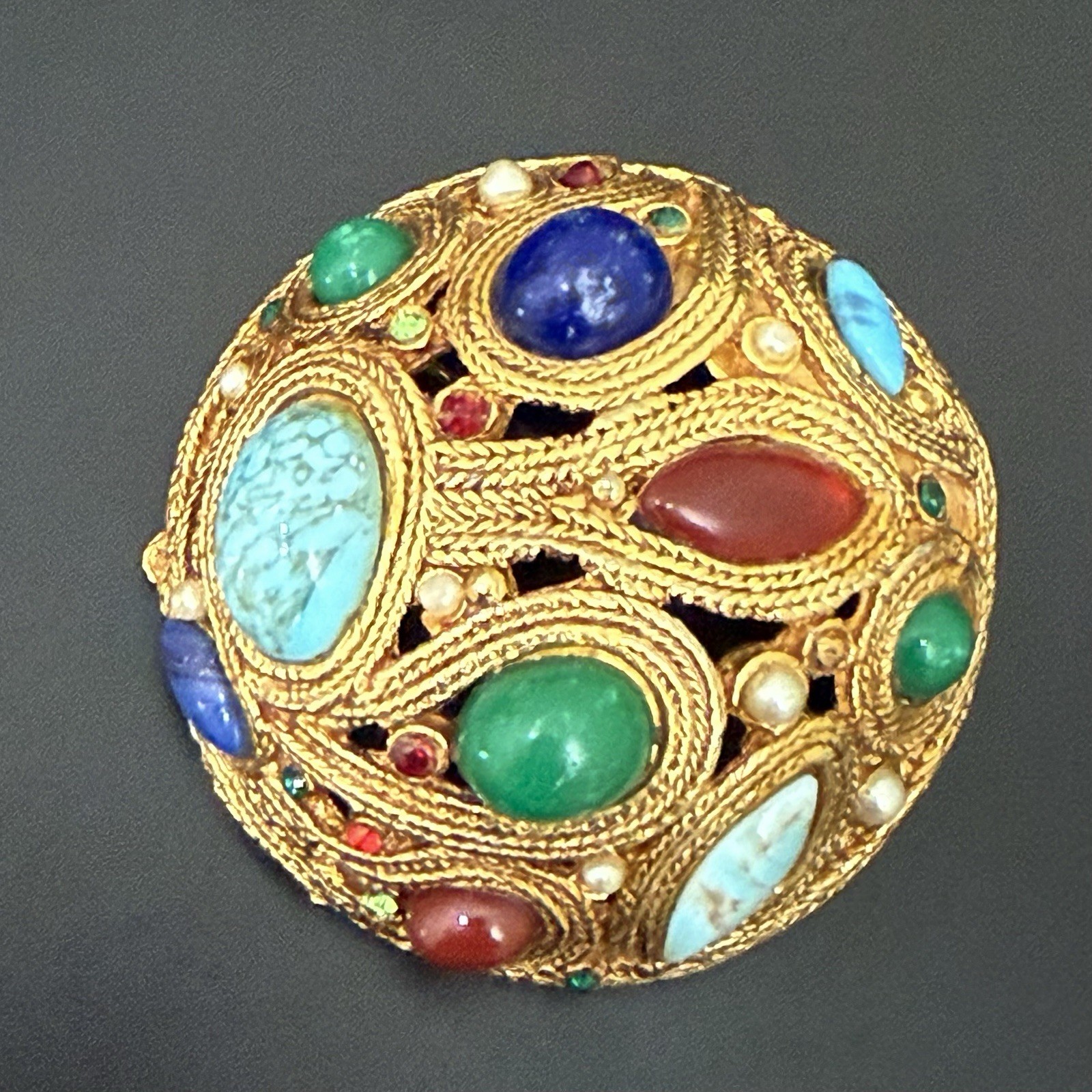 Vintage La Roca Style Multicolor Bejeweled Gemstones Gold-tone Dome Brooch 44g.