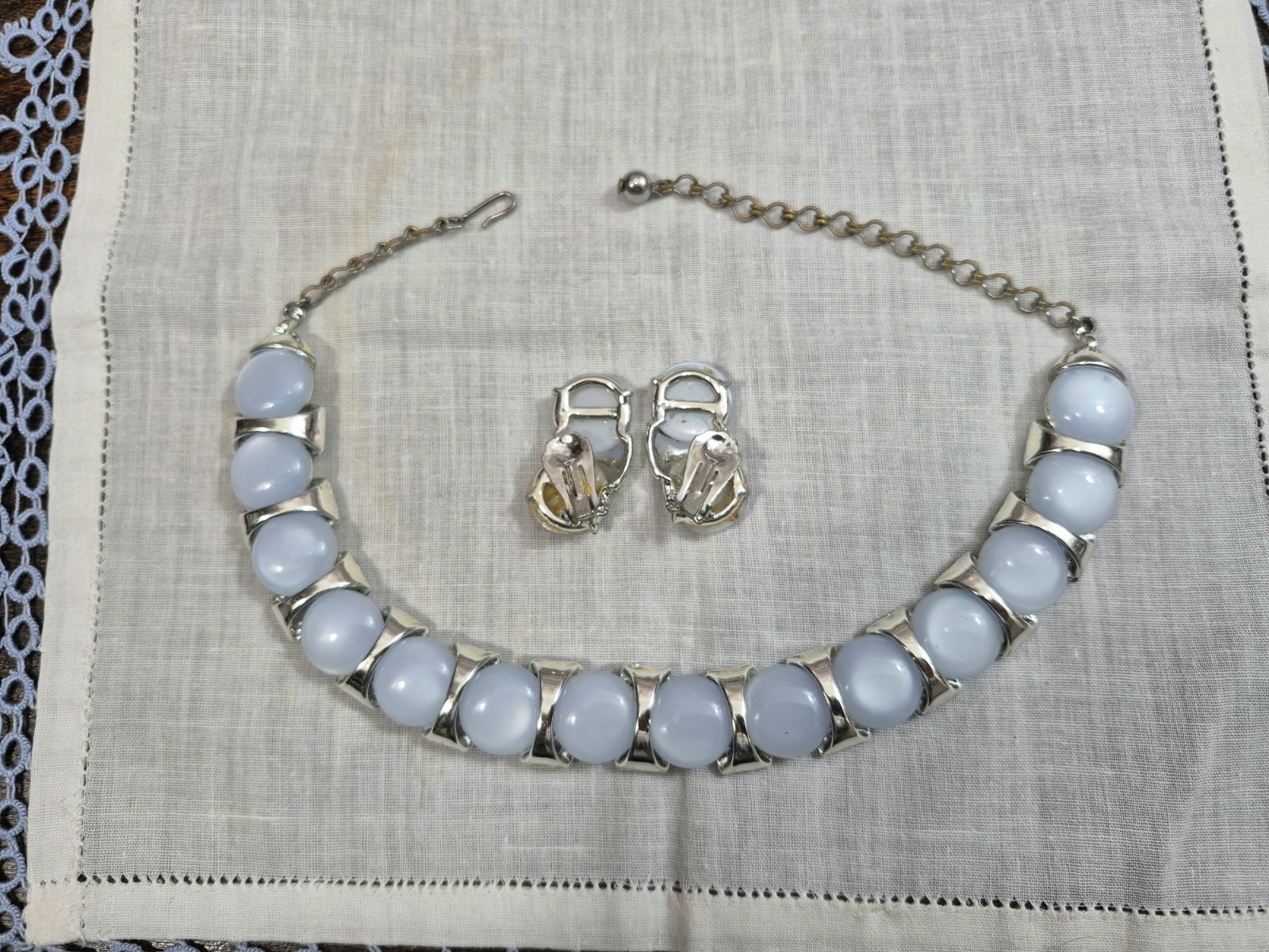 Vintage Coro Thermoset Lucite Moon Glow Choker Necklace & Clip Earrings Set 1950