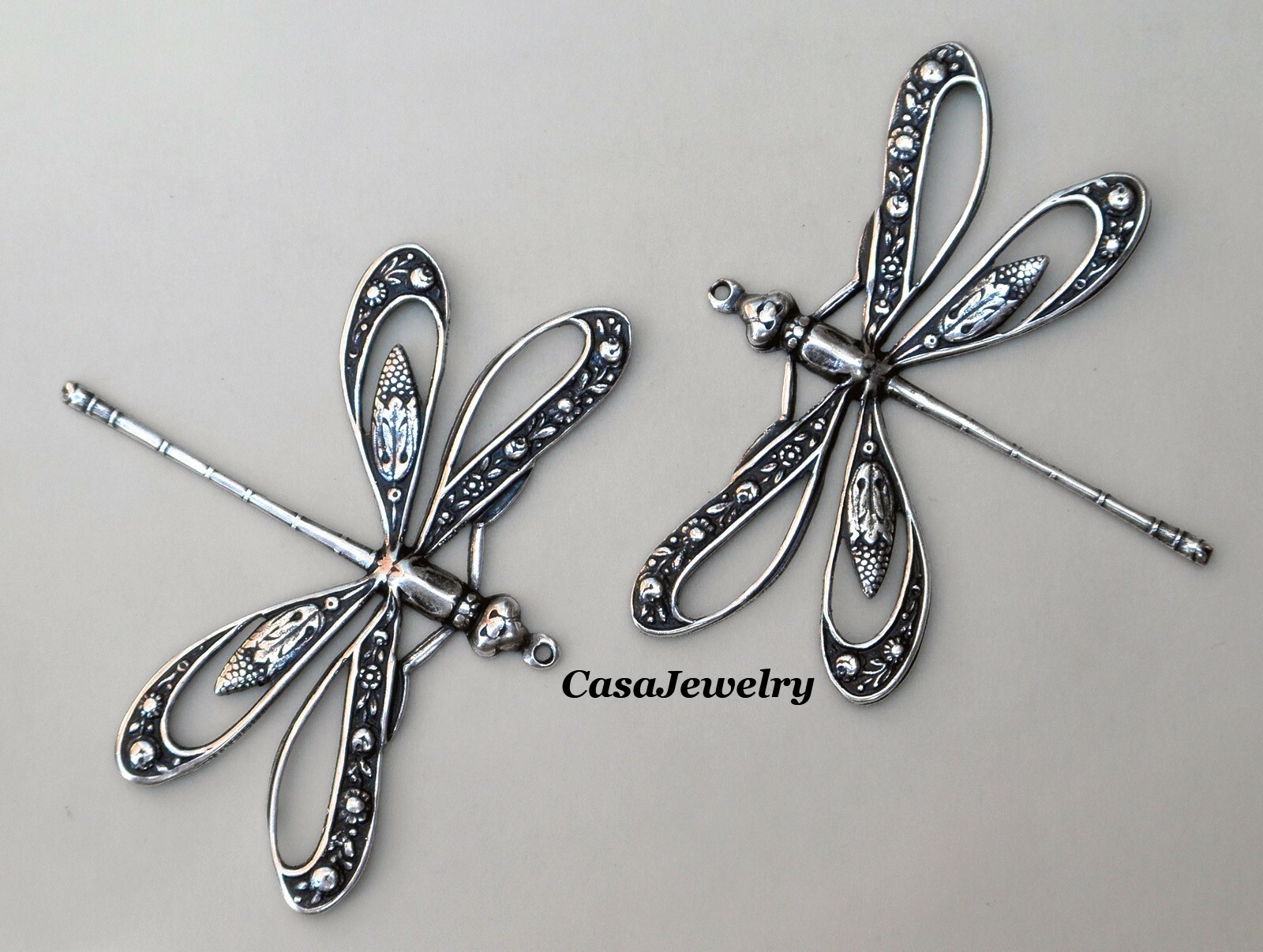#3323 LARGE ANTIQUED STERLING SILVER PLATED OPEN WING DRAGONFLY W/RING – 2 Pcs