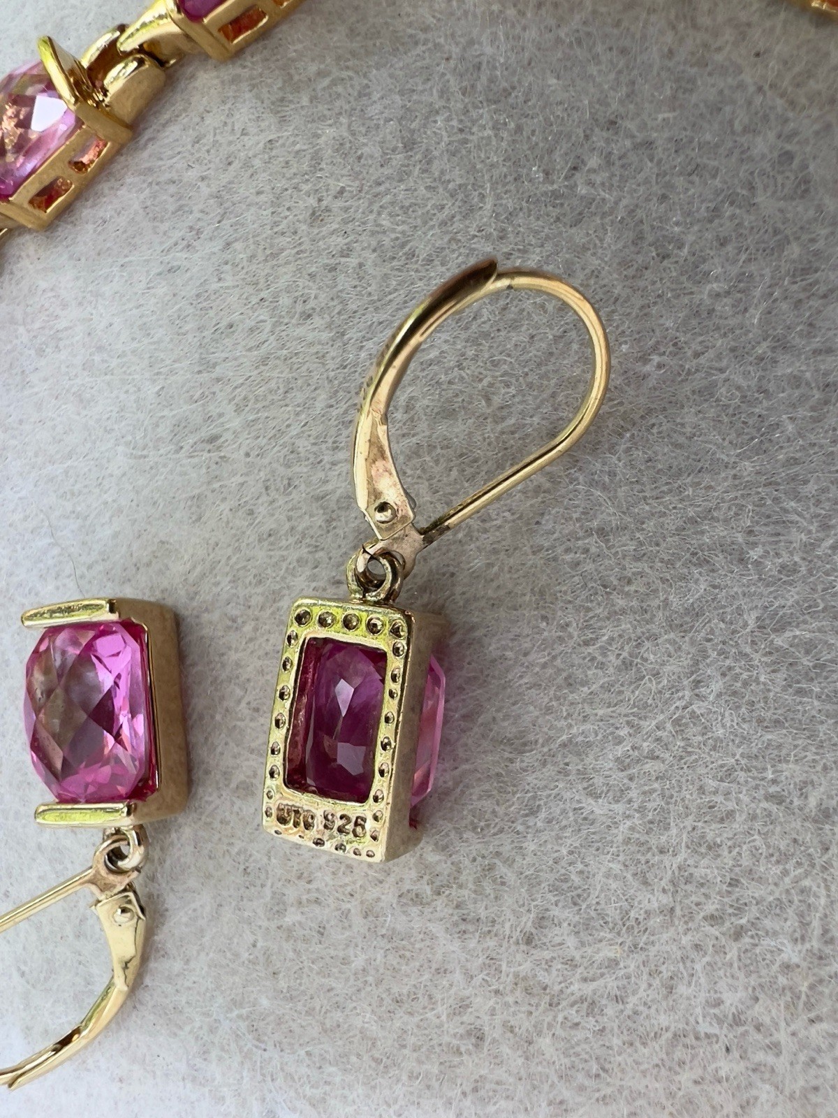 Vintage Sterling Silver Vermeil & Cushion Cut Pink Quartz 7” Bracelet & Earrings