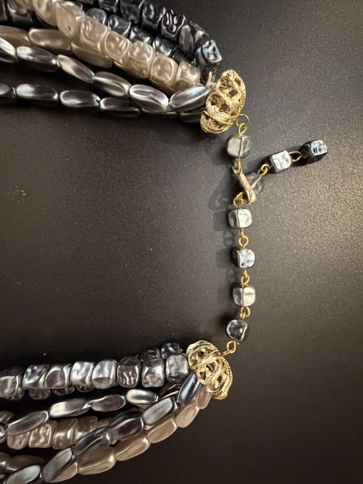Vintage Hong Kong Marbled Gray Beads Different Shapes Multi Strand Necklace