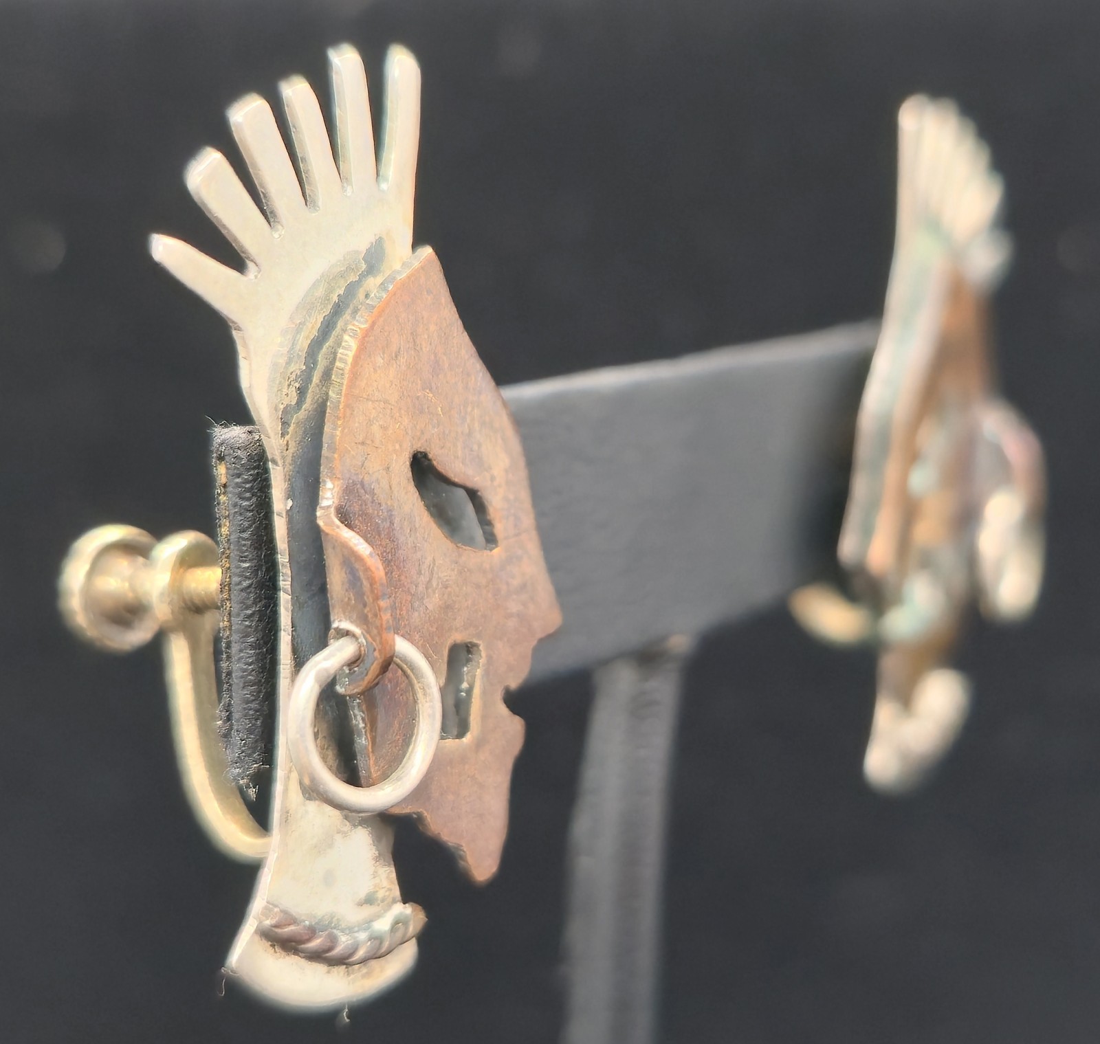 Vtg Mixed Metal Sterling Silver Taxco Mexico Signed Tribal Face Mask Earrings