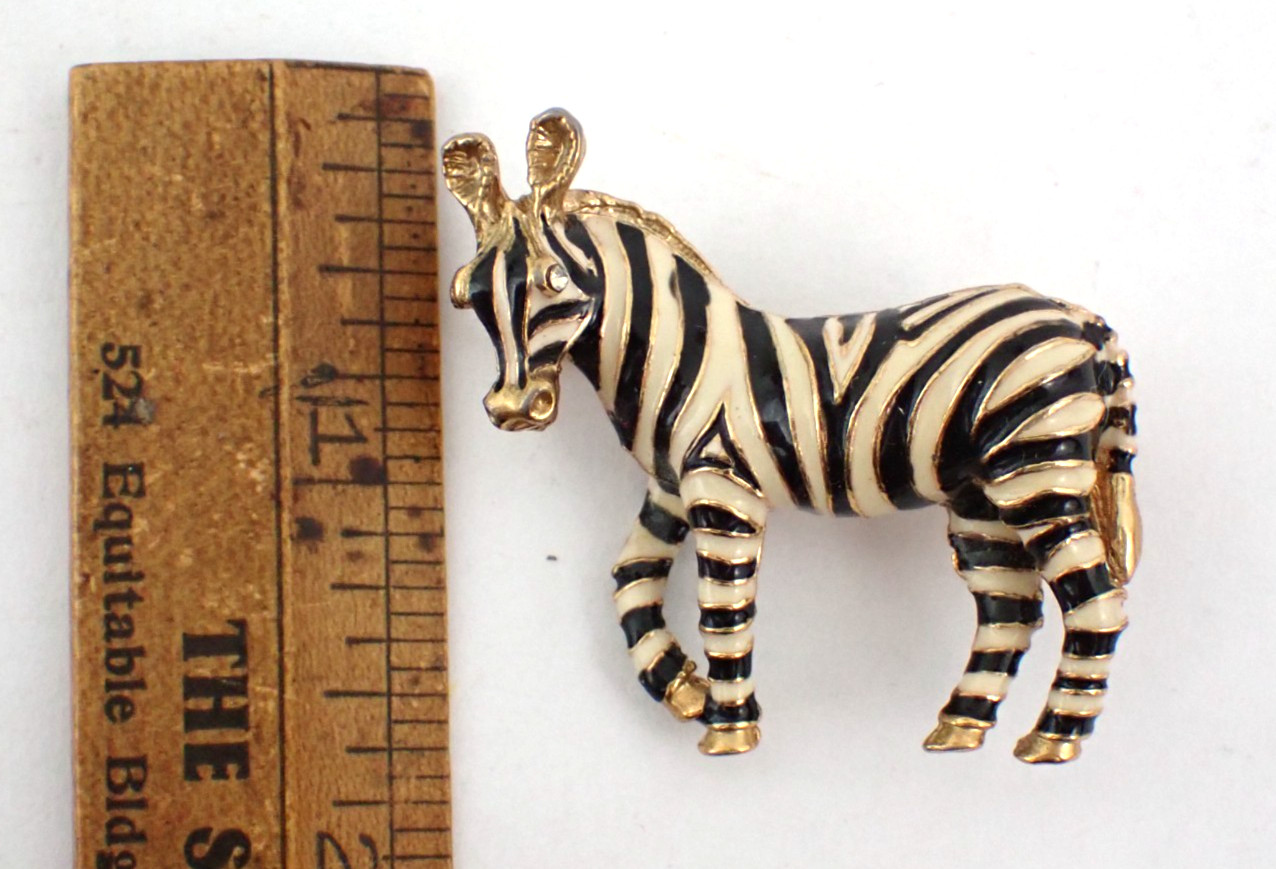 Vintage Costume Enameled Black & White Zebra Brooch African Safari Animals