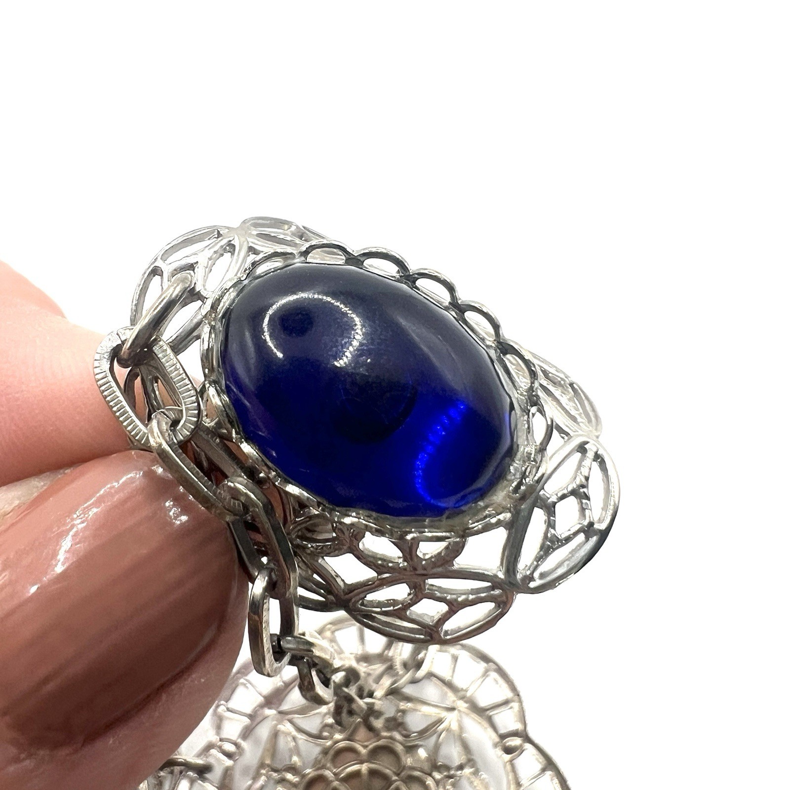 Adjustable Silver-Tone Filigree Blue Slave Ring Bracelet Gothic Boho