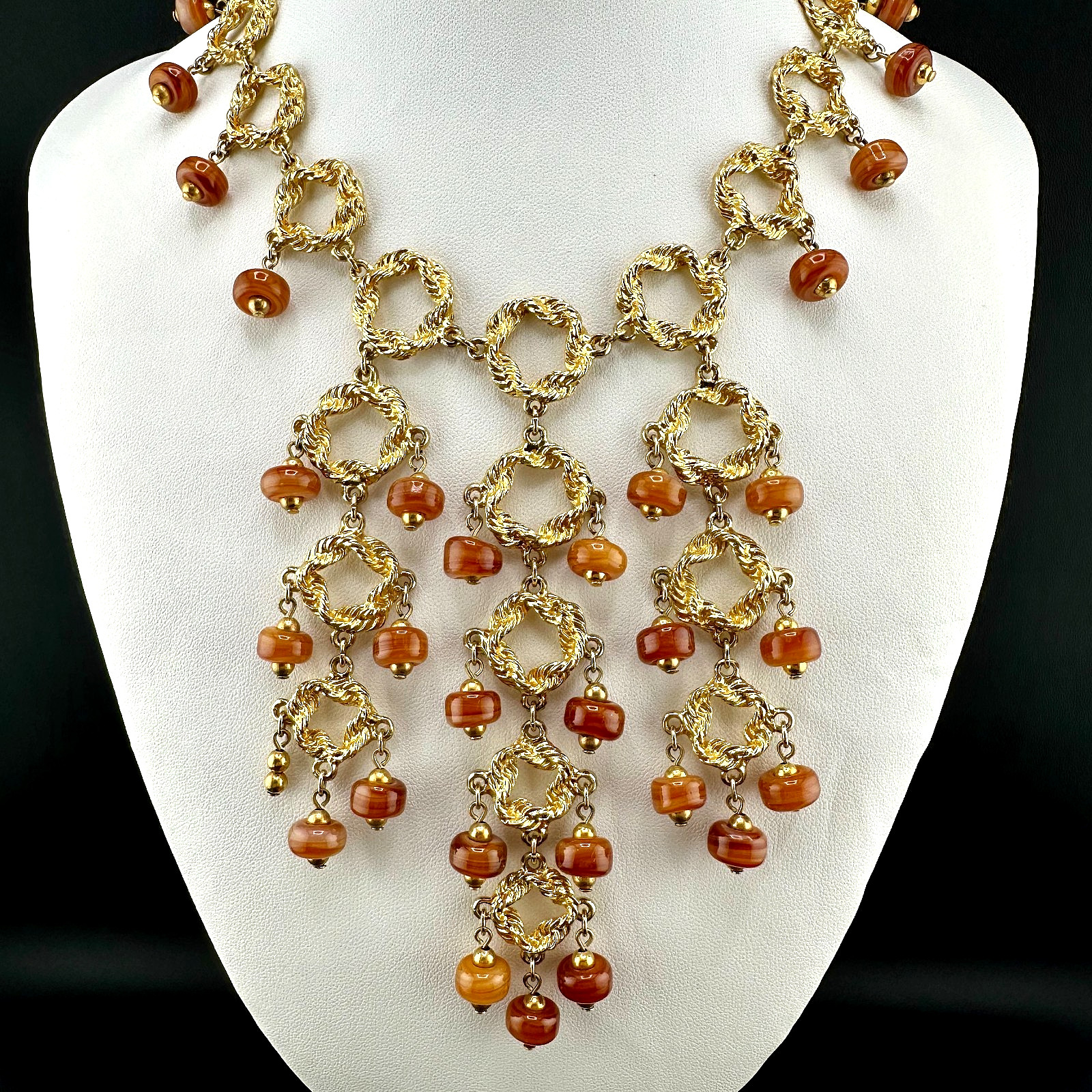 Vintage Statement Necklace Bib Fringe Hammered Gold Tone Link Agate Bead Dangles