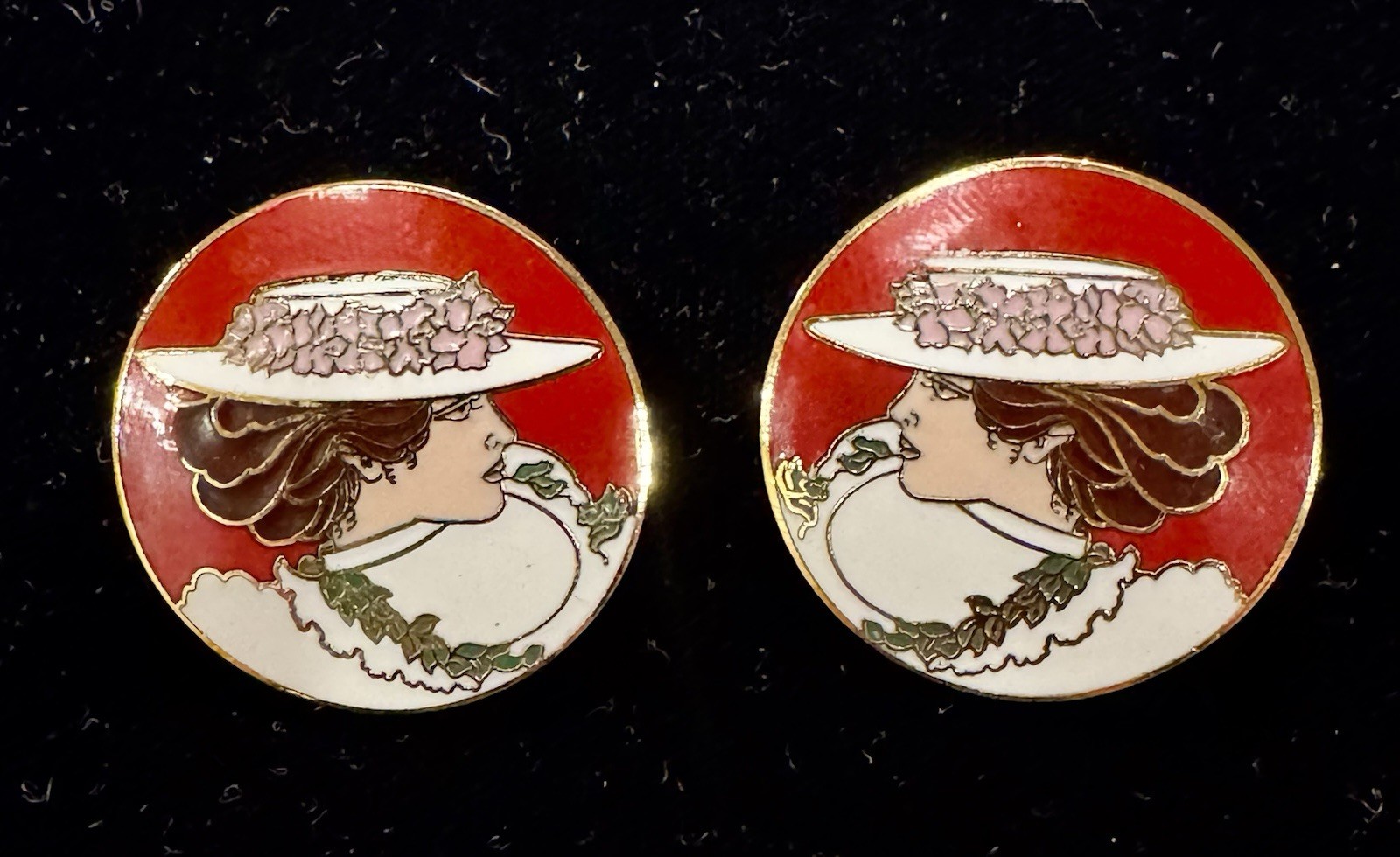 RARE Vtg Diana Hansen-Young Enamel Pierced Earrings Art Nouveau Lady Portrait
