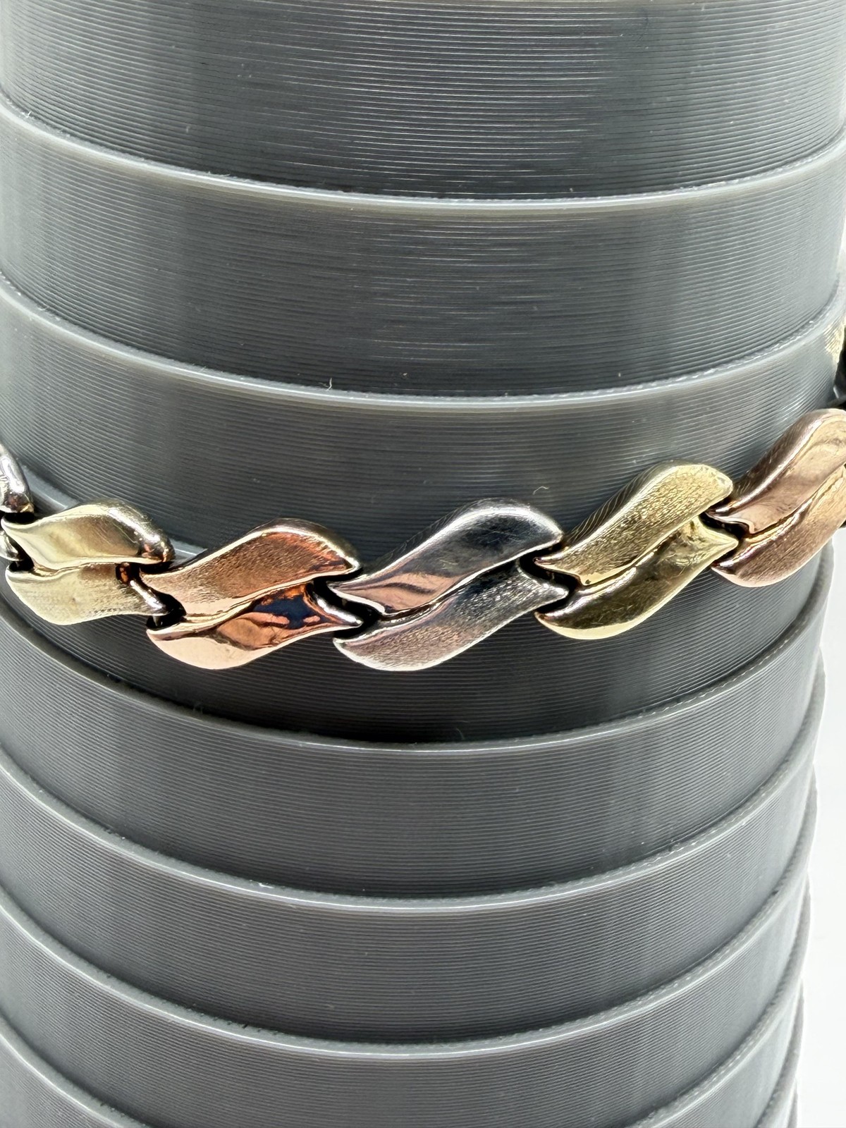 TRI COLOR STERLING SILVER 925 LINK BRACELET MIXED METAL WAVY BOX CLASP VINTAGE