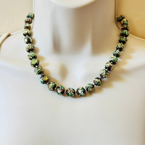 VTG 60s Art Glass Necklace Japan Foil Confetti Colorful Japanese beads 16″