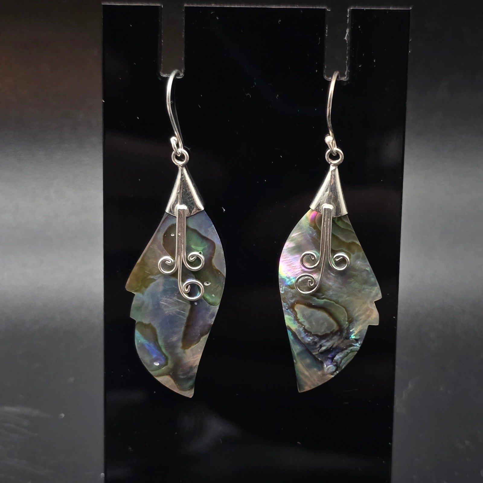 Sterling Silver Paua Abalone Shell Feather Earrings 925 Pierced
