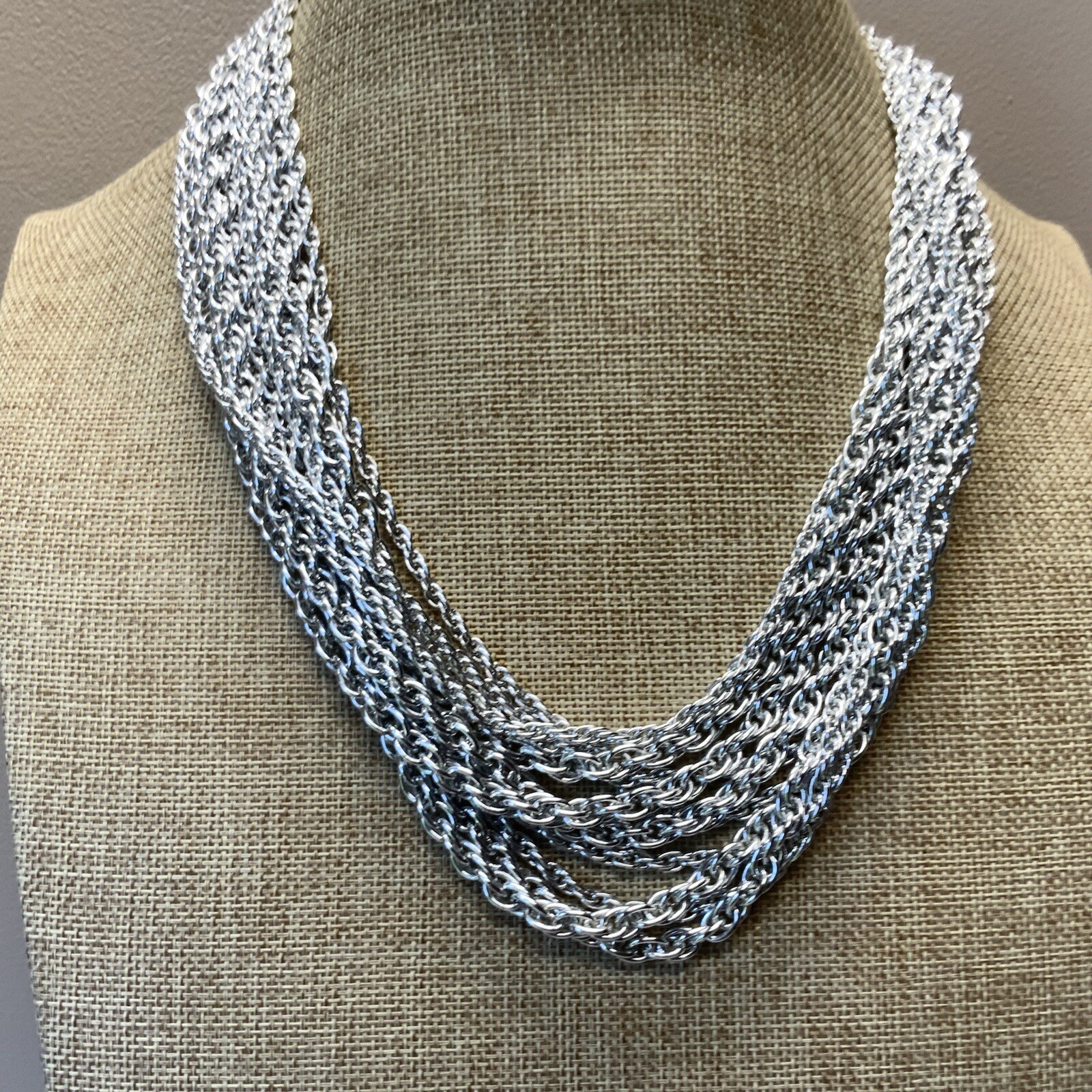 Vintage 1960s light weight aluminum multistrand silver tone chain necklace
