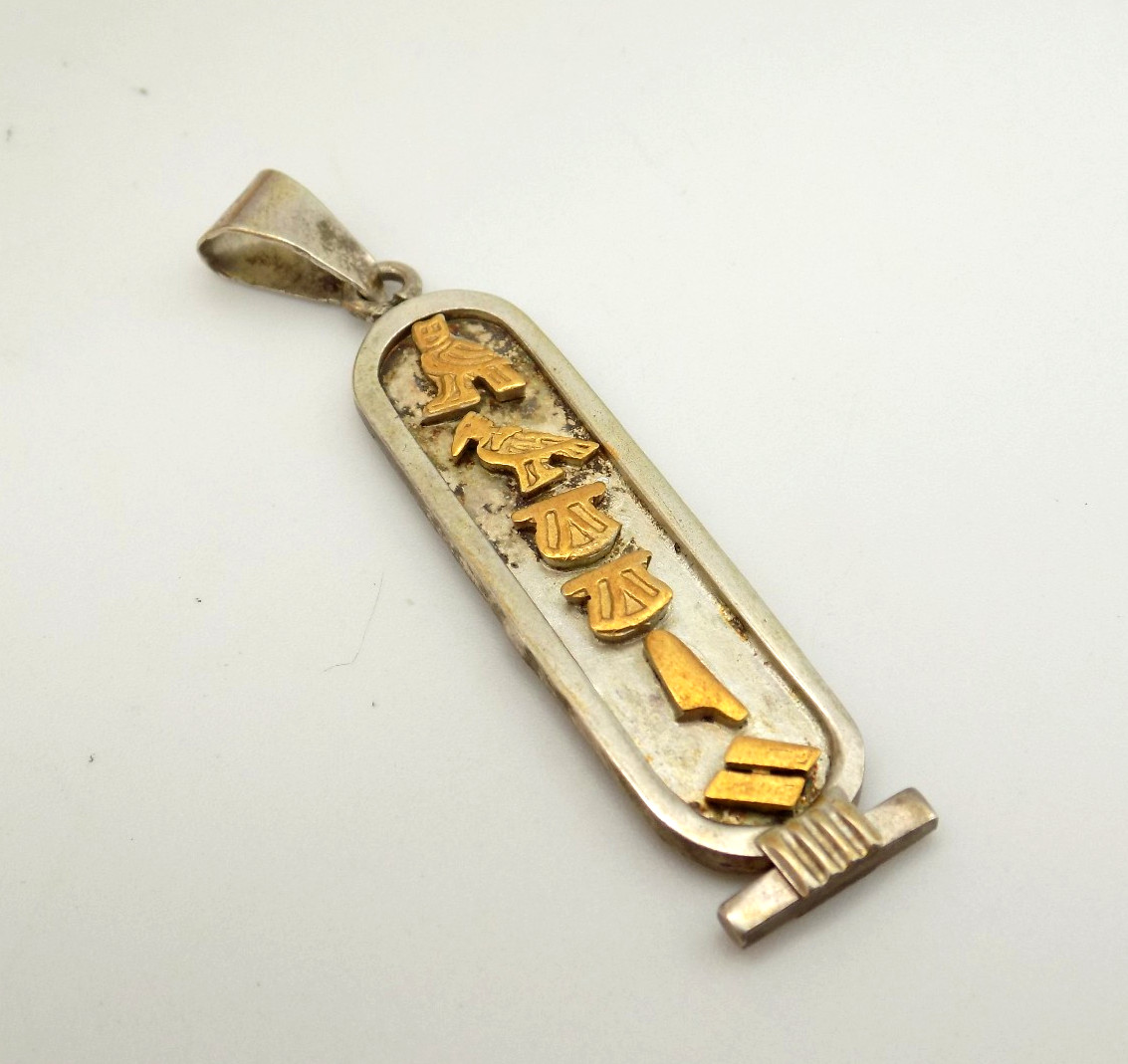 Sterling Silver and Brass Egyptian Heiroglyphics Long Pendant