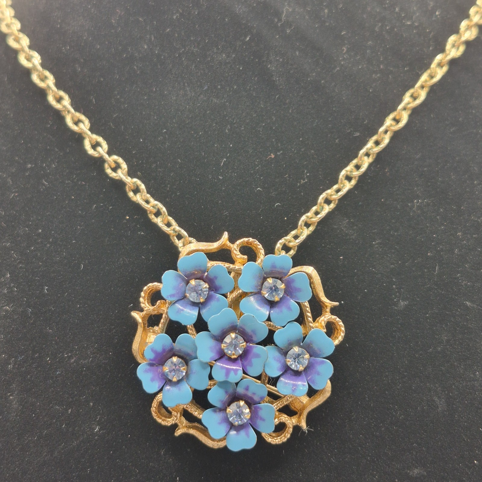 Vtg “Love Blossoms” Pendant/Brooch Rhinestone Convertible Purple Enamel Flowers