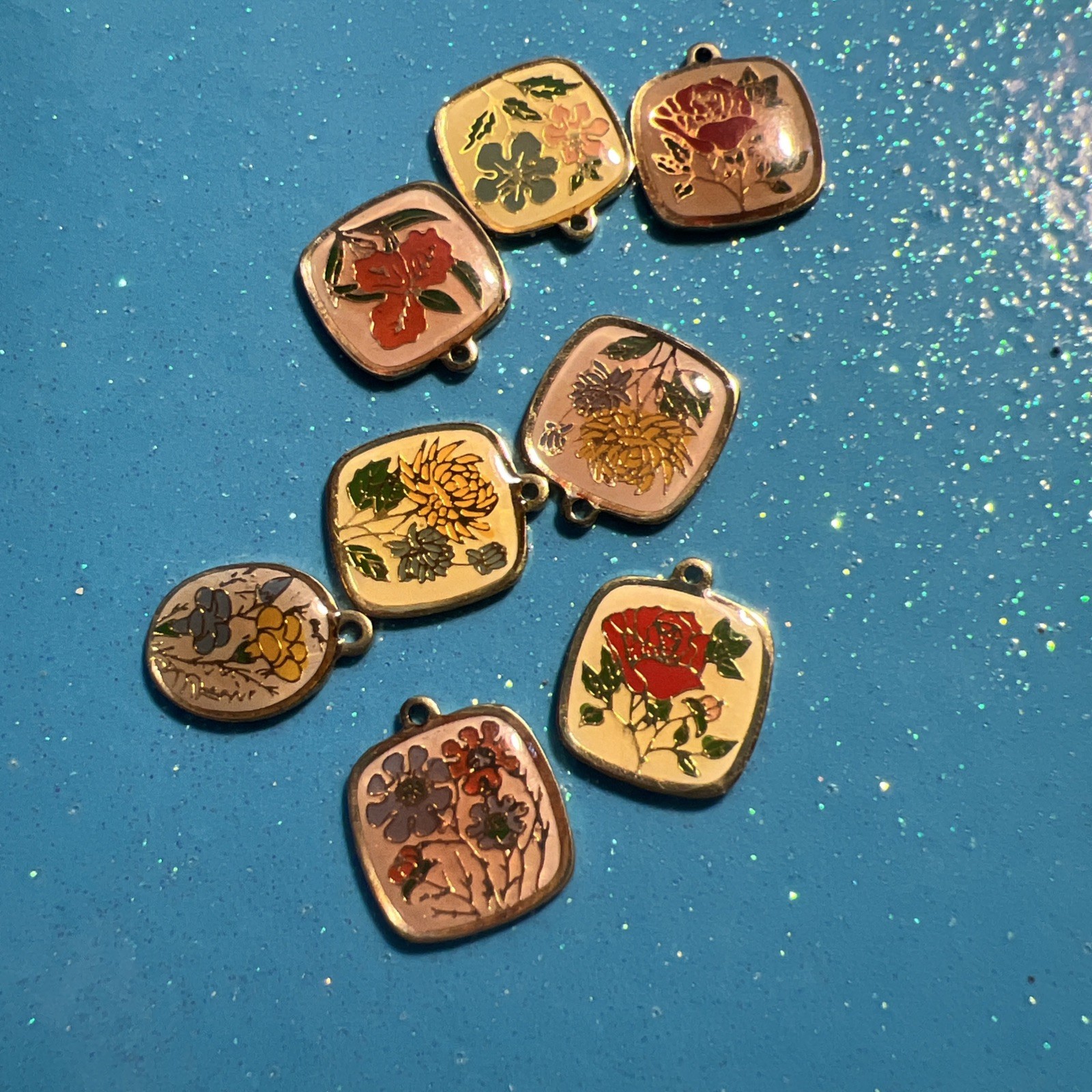 Lot 8 Pieces Vintage 70s-80s Cloisonne Enamel Flower Charm Metal Resin Coating