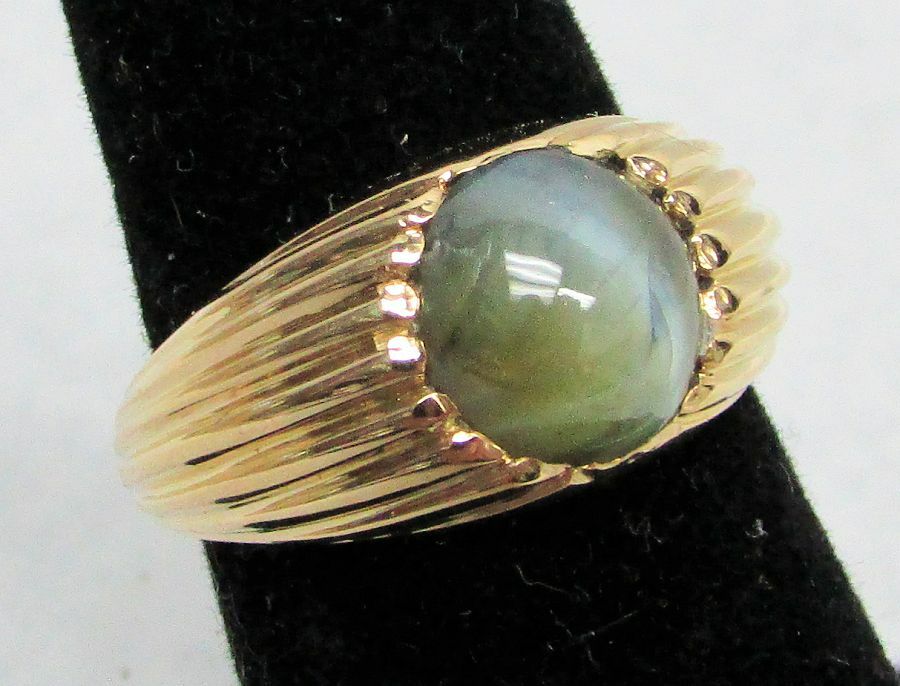 18K SOLID GOLD & 4.24ct GREEN BERYL CATS EYE STONE PINKY RING SIZE 6