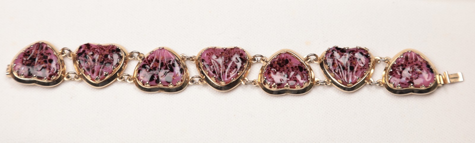 Jewels By Julio Pink Pâte de Verre Gripoix Glass Cabochon Hearts Bracelet 1950s