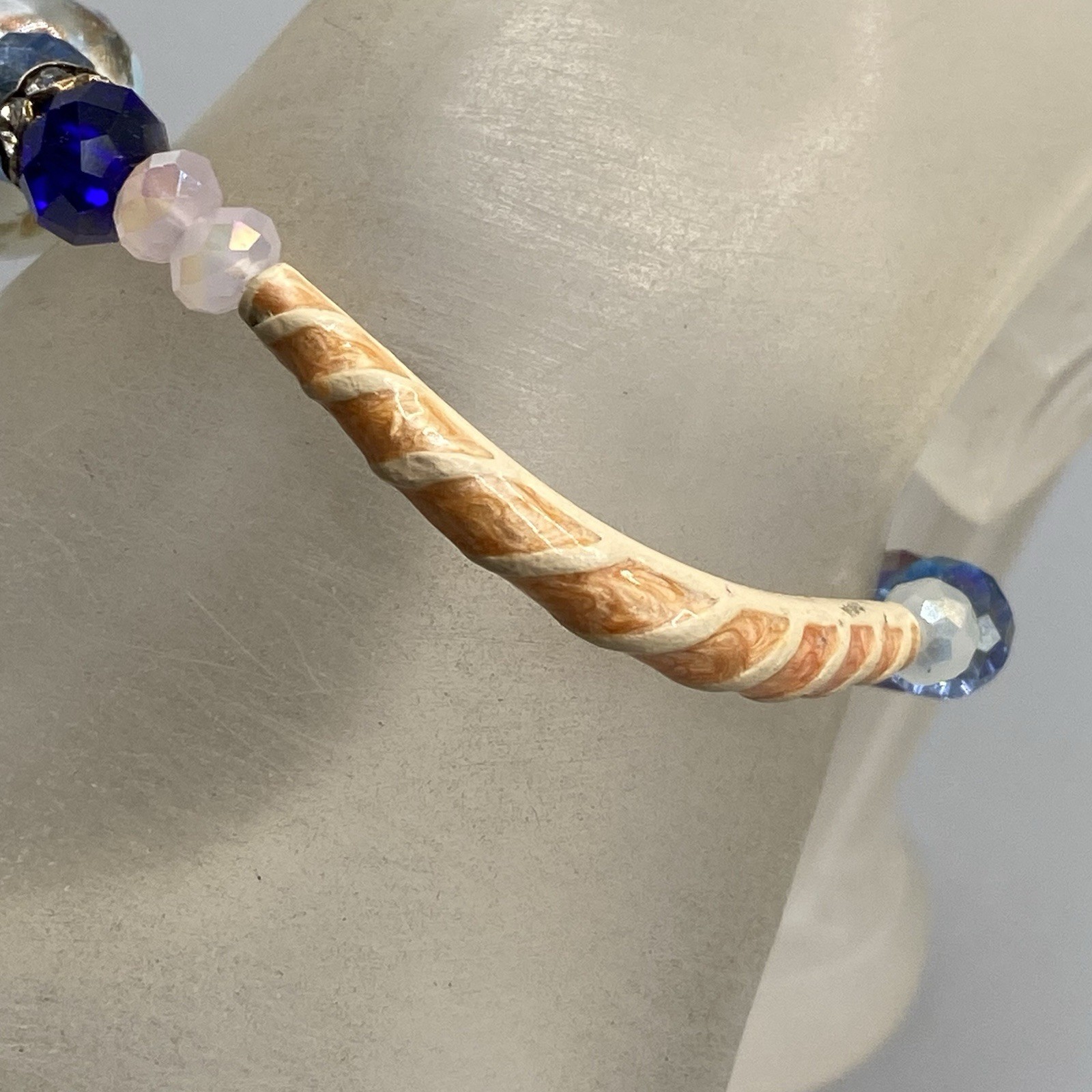 Glass Beaded Bracelet Blue Faceted Fire Polished Cream Tube White Givre Fused 6″