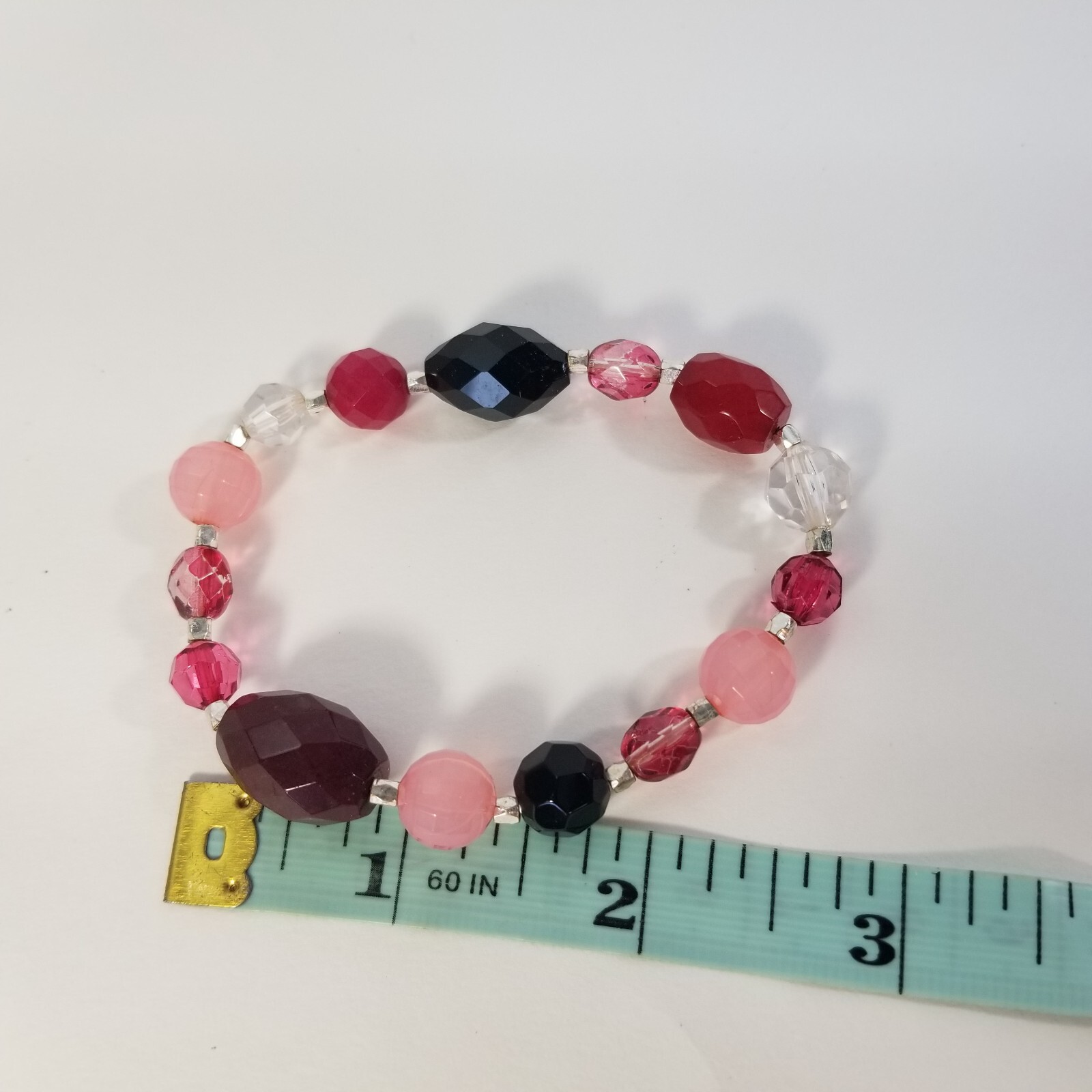 Pink Bead Stretch Bracelet Glass & Lucite SIlver Tone Spacers