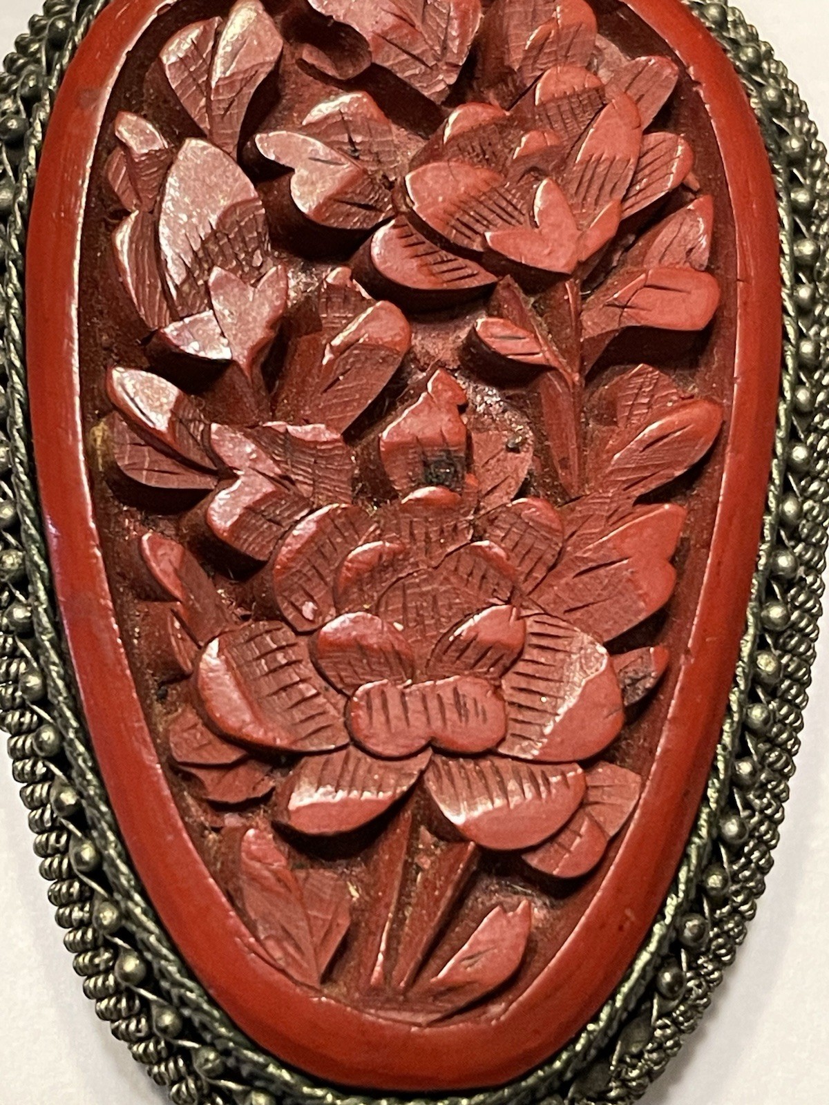 Vintage Hand Carved Red Coral & Brass Scarf/Dress Clip, About 1 3/4”