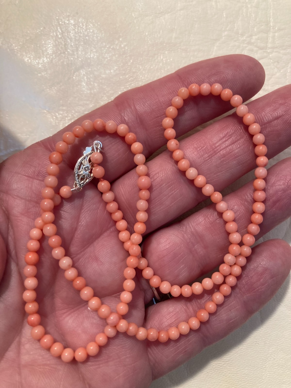 Dainty Angelskin Coral Necklace, 3mm, 17.5″, Sterling Clasp