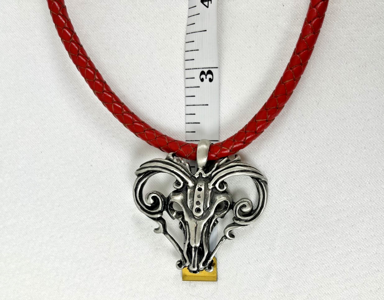 VTG Artisan Pewter Gothic Ram Pendant Red Braided Leather Cord Punk Retro