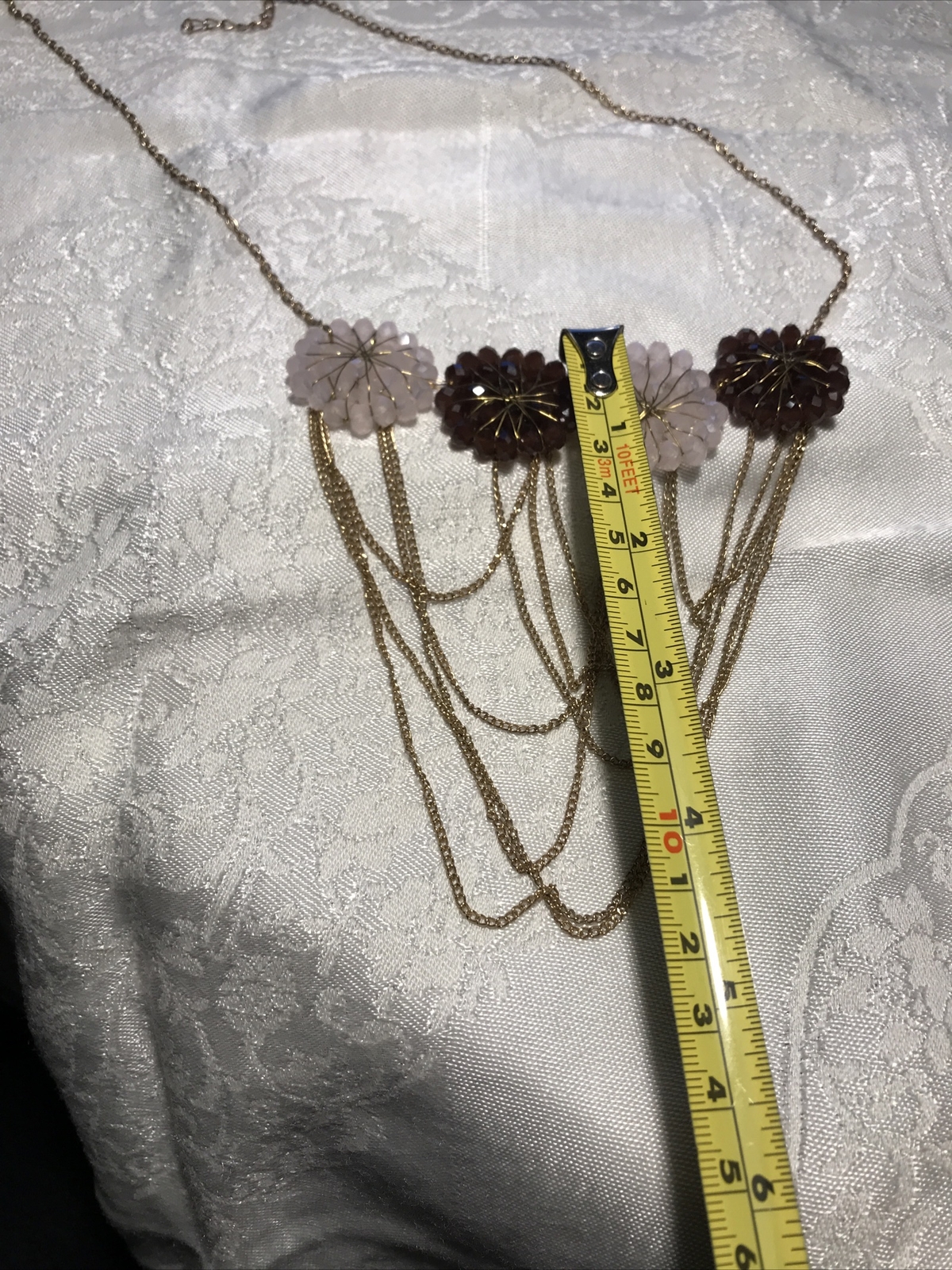 Necklace Light Pink/Purple/Burgundy Glass Bead Charm Gold Tone Chain Link 24-27”